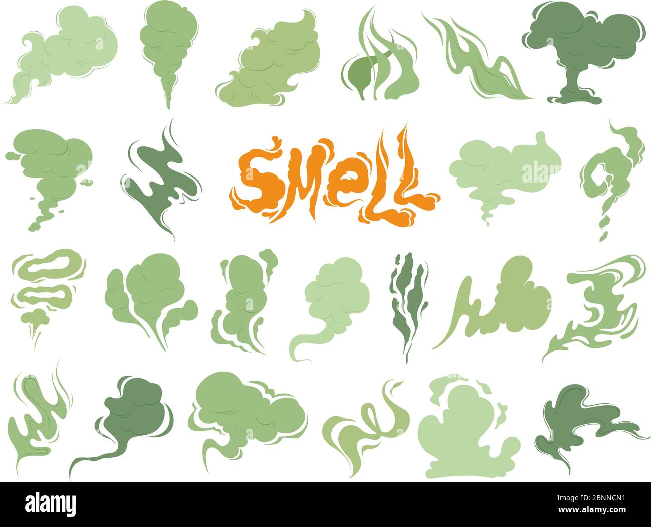 Cattivo odore. Vapore fumo nubi di sigarette o vecchie icone vettoriali di cottura cibo scaduto cartoni animati Illustrazione Vettoriale