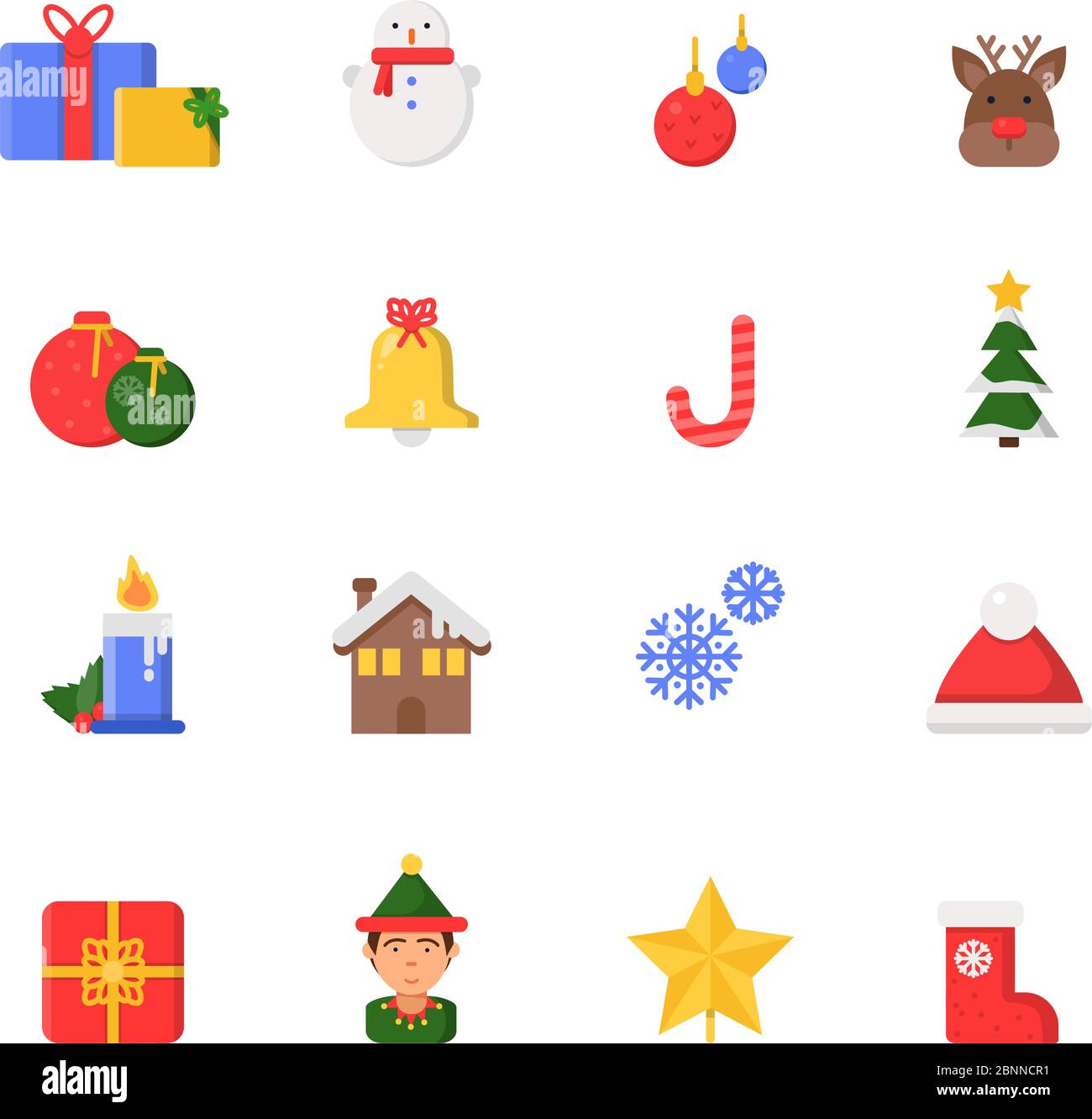Simboli di decorazione di Natale. Inverno nord stella albero regali nastri stivali icone vettoriali in stile piatto Illustrazione Vettoriale