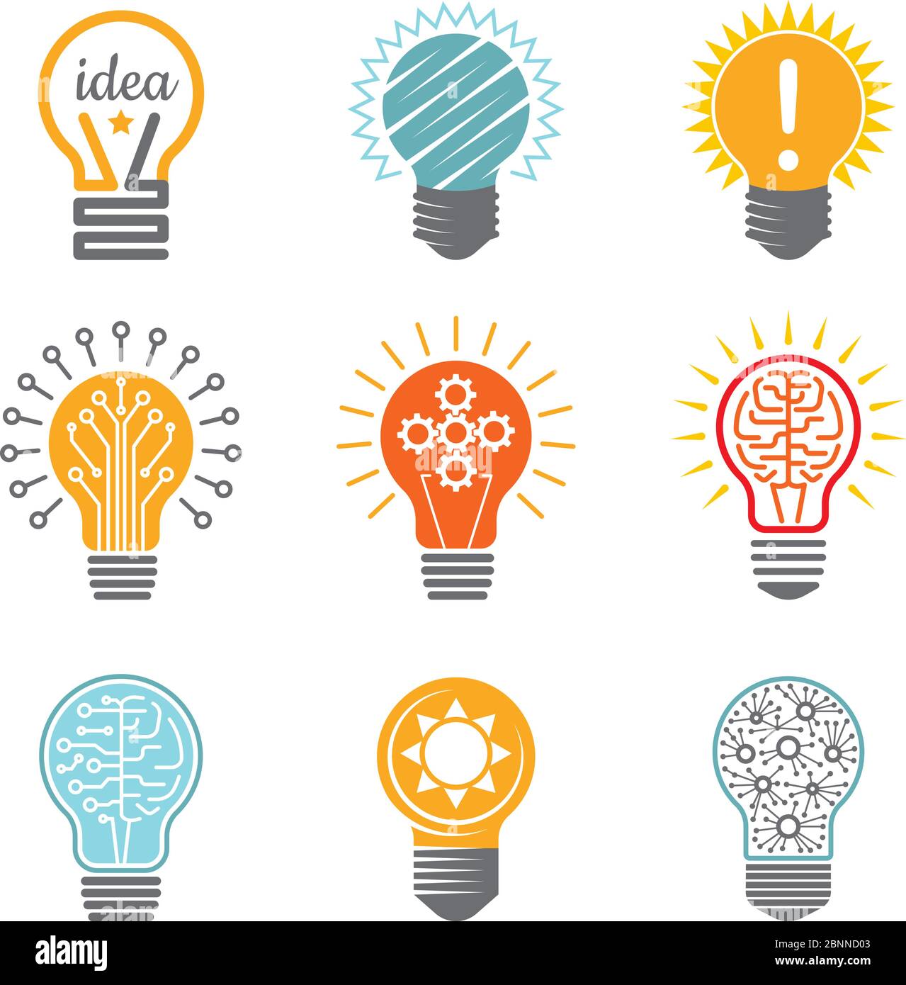 Idee simboli di lampadina. Creative TECH Innovation icona elettrica per il vettore logotipo di business variopinti modelli Illustrazione Vettoriale