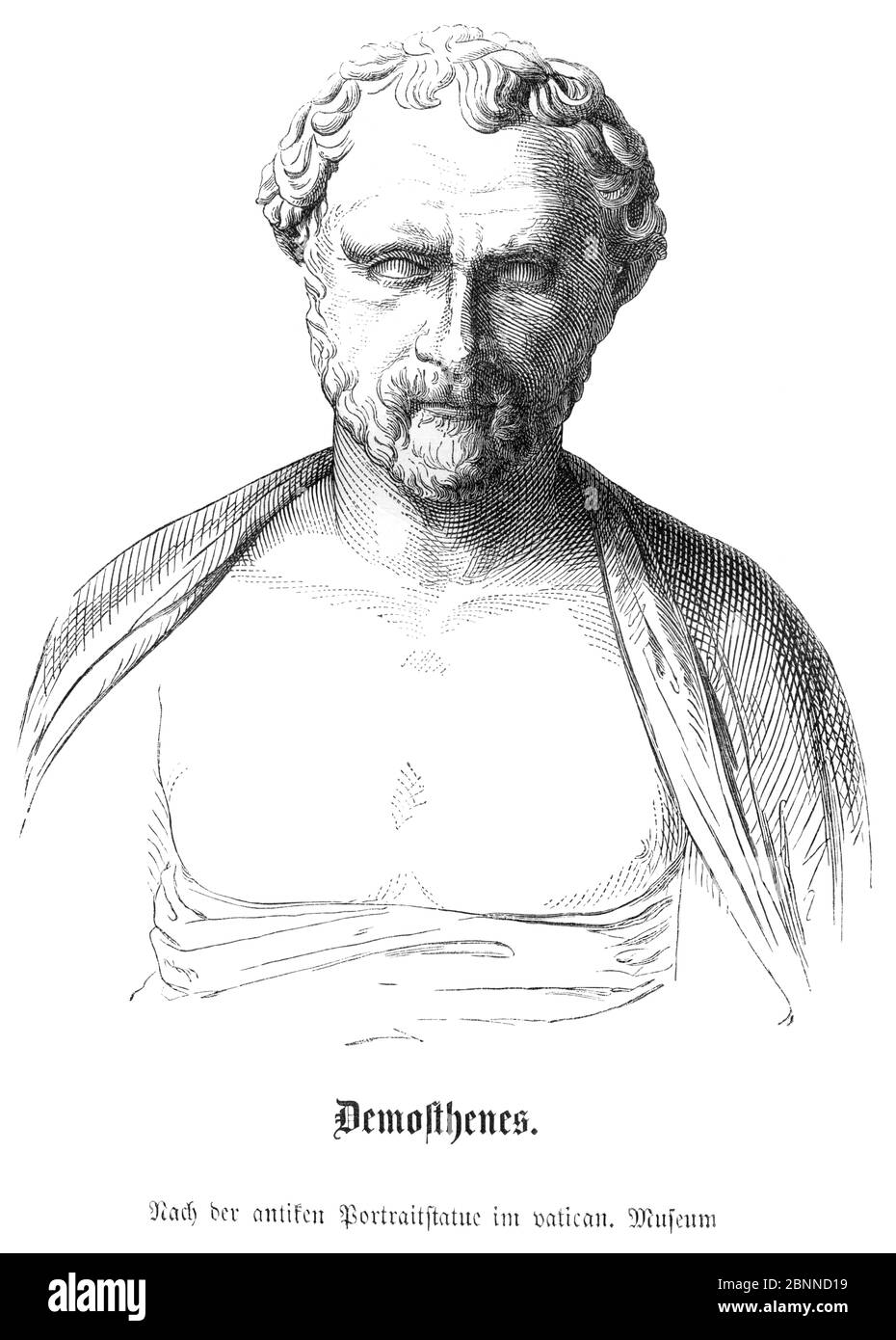 Europa, Griechenland, Athen, Demosthenes, Redner und Politiker im antiquen Griechenland, Porträt, nach der antiquen Porträtstatue im vatikanischen Museum, Motiv aus : ' Allgemeine Weltgeschichte für alle Stände von den frühresten Zeiten bis zum Jahr 1870 ', von Karl von Rotteck, durchgesehen und fortgeführt von Wilhelm Zimmermann, erster Band, Verlag: Rieger´sche Verlagsbuchhandlung, Stoccarda, 1869. / Europa, Grecia, Atene, Demostene, antico statista greco e oratore, ritratto, dopo un'antica statua ritratto nel museo del Vaticano , immagine da : ' Allgemeine Weltgeschichte für alle S. Foto Stock