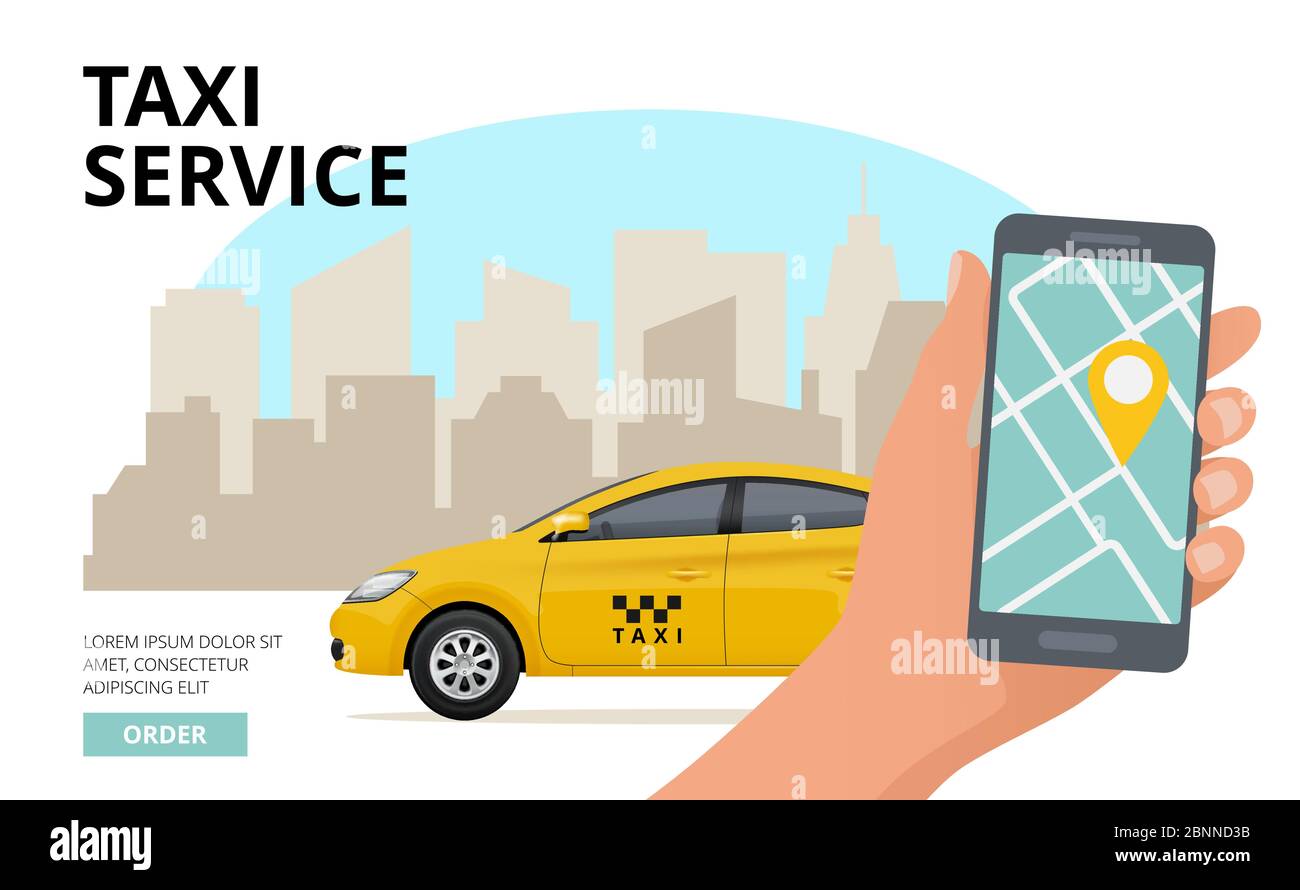 Ordine taxi. Tenere premuto a mano lo smartphone e premere il pulsante per chiamare business City concetto di viaggio vettoriale urbano pubblico Illustrazione Vettoriale