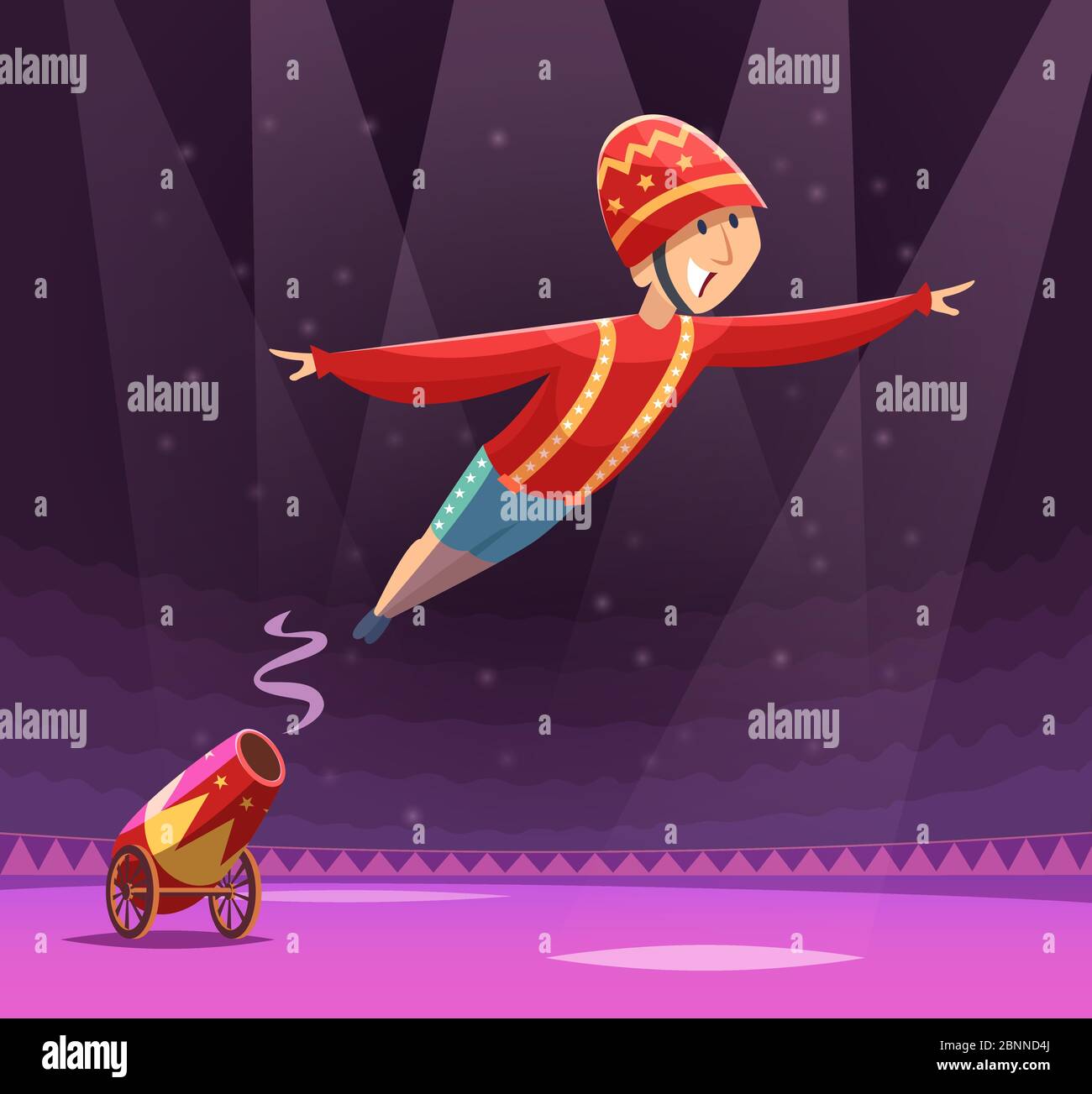 Spettacolo di cannoni Circus. Sparare pistola su cirque arena performer clown su scena vettore cartoon sfondo Illustrazione Vettoriale