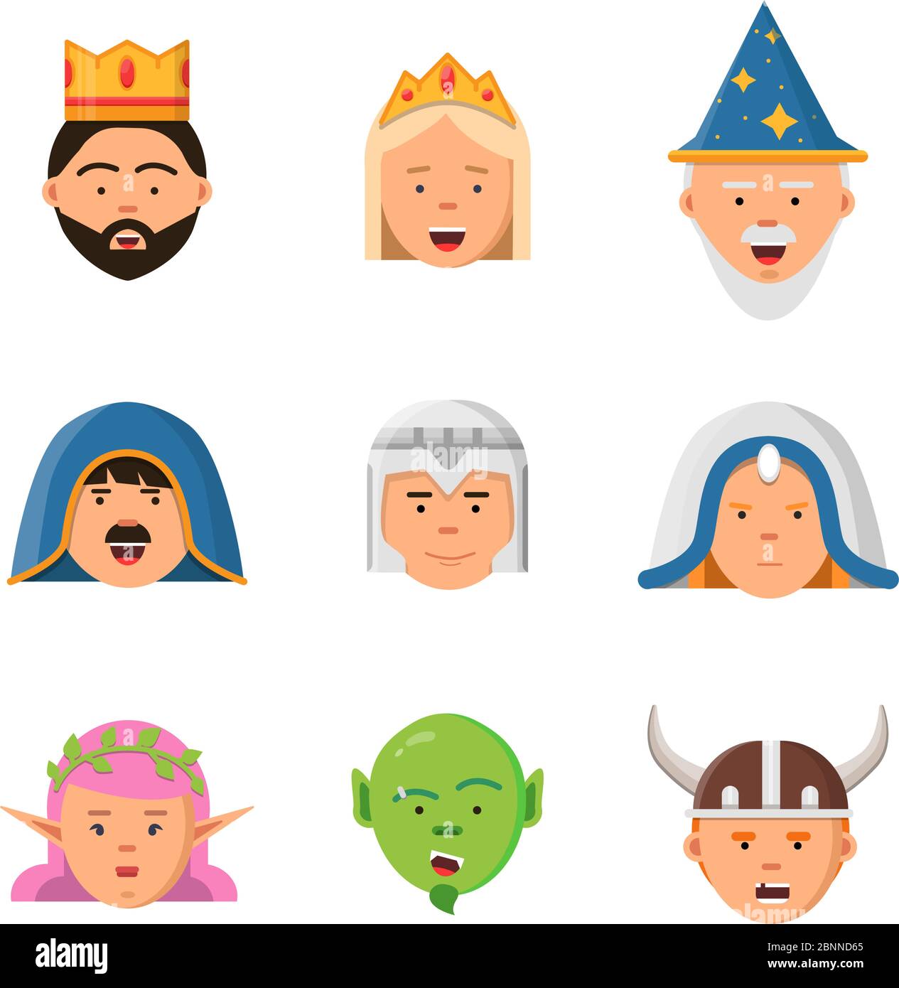 Collezione avatar da fiaba. Fantasy gioco personaggi guerriero regina barbaro goblin principessa vettore mascotte in stile piatto Illustrazione Vettoriale