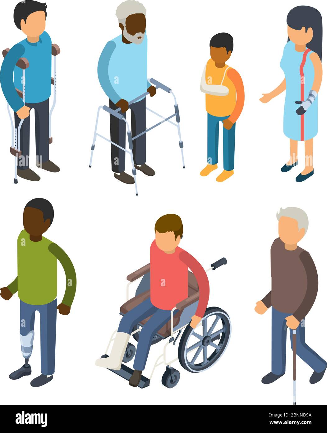 Disabilità persone isometriche. Lesioni invalidi persone difettose maggiore cura sordi adulti vettore 3d persone Illustrazione Vettoriale