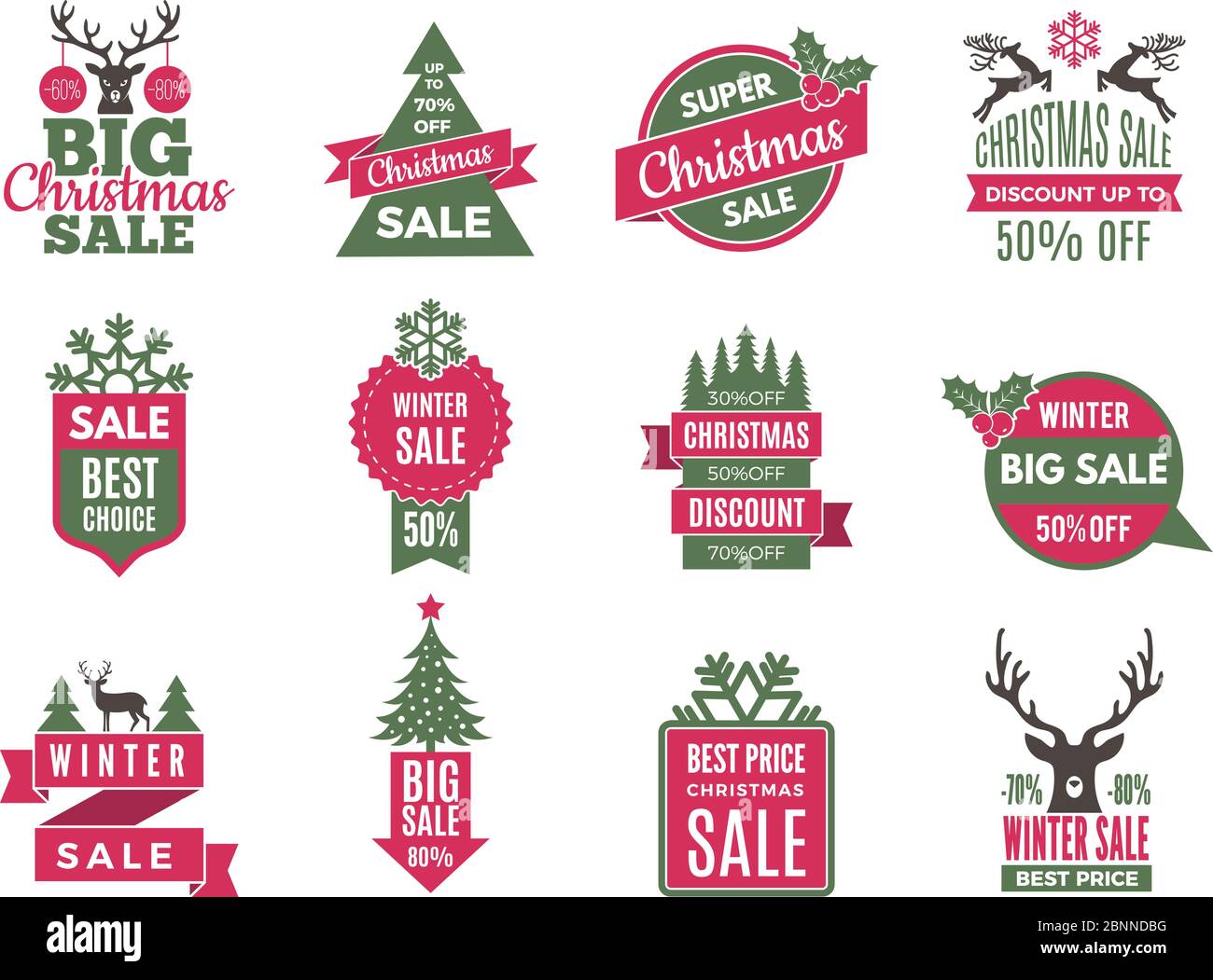 Natale vendita tag badge. Vacanze offerte migliori etichette con grandi sconti vettore template collezione Illustrazione Vettoriale