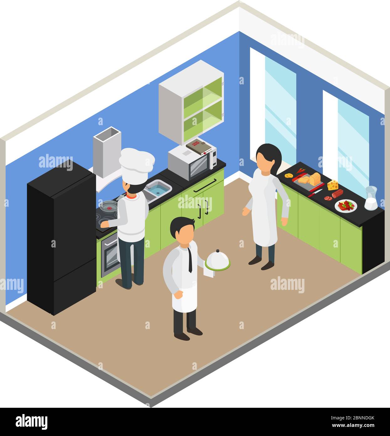 Cucina ristorante. Commercio alimentare alimentare attrezzatura alimentare chef vassoio roba vettore isometrico Illustrazione Vettoriale