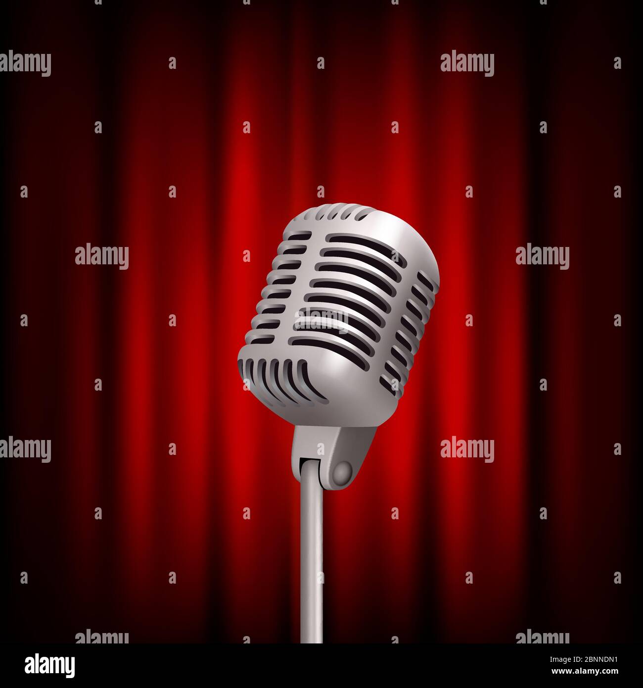Microfono retro sul palco. Stand up professionale teatro rosso tenda trasmissione microfono vettore concetto vintage Illustrazione Vettoriale
