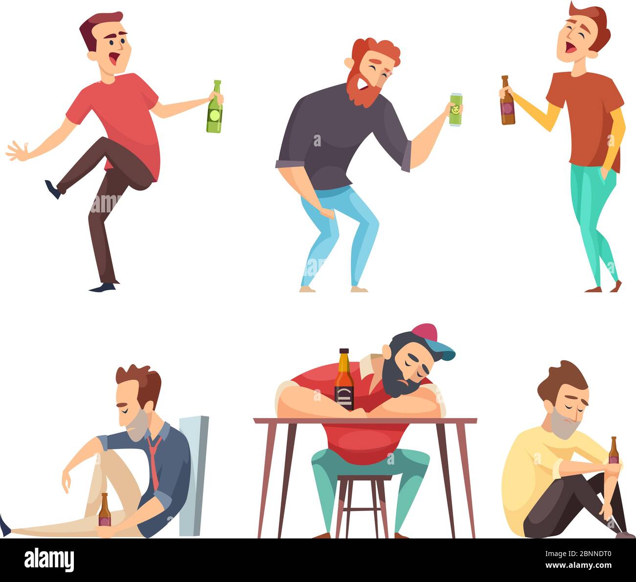 Dipendenza alcolica. Persone addict alcolismo e droga persona bere birra vodka whiskey abuso caratteri vettoriali isolati Illustrazione Vettoriale