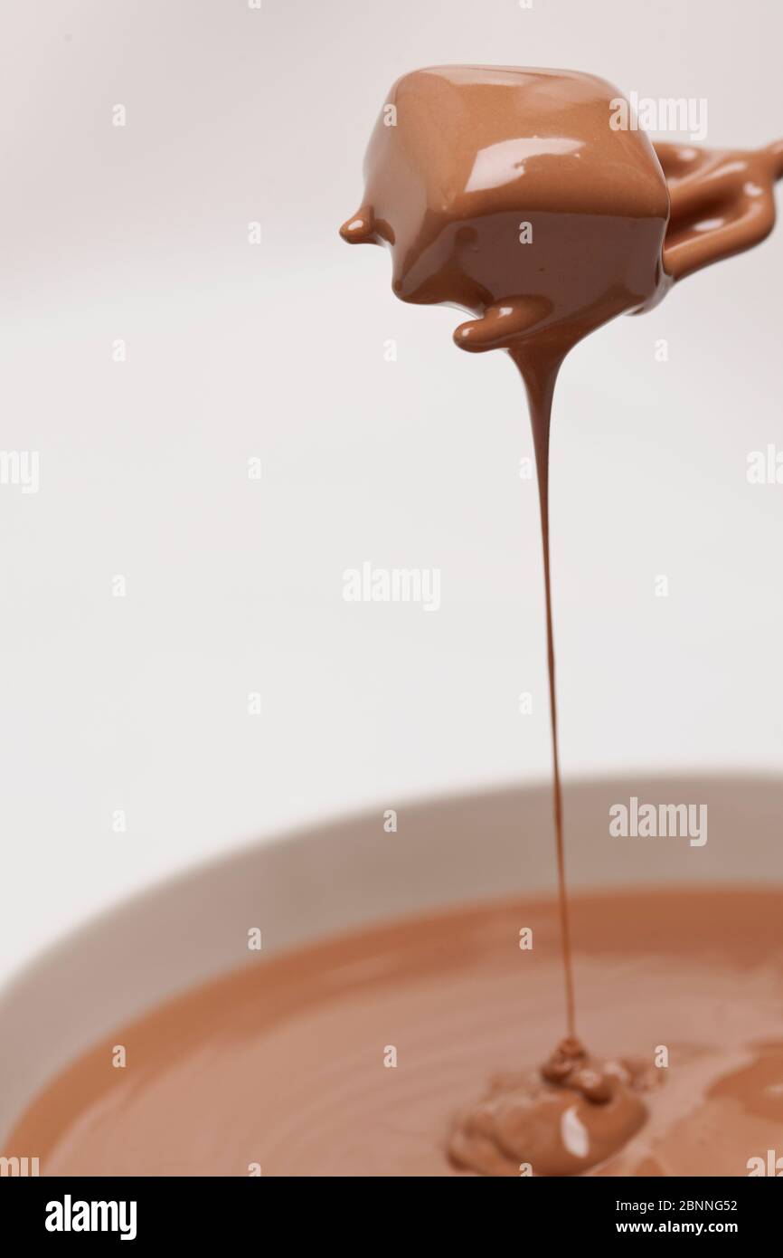 gocce di pralina al cioccolato su sfondo bianco Foto Stock