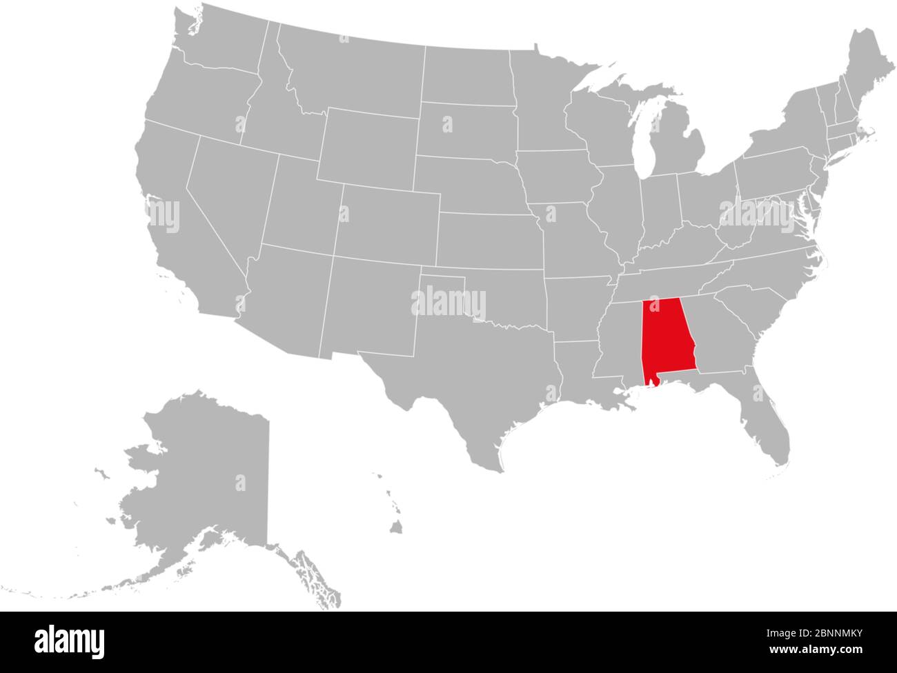 STATO DEGLI STATI UNITI alabama evidenziato vettore rosso illustrazione. Sfondo grigio. Mappa politica degli stati Uniti. Illustrazione Vettoriale