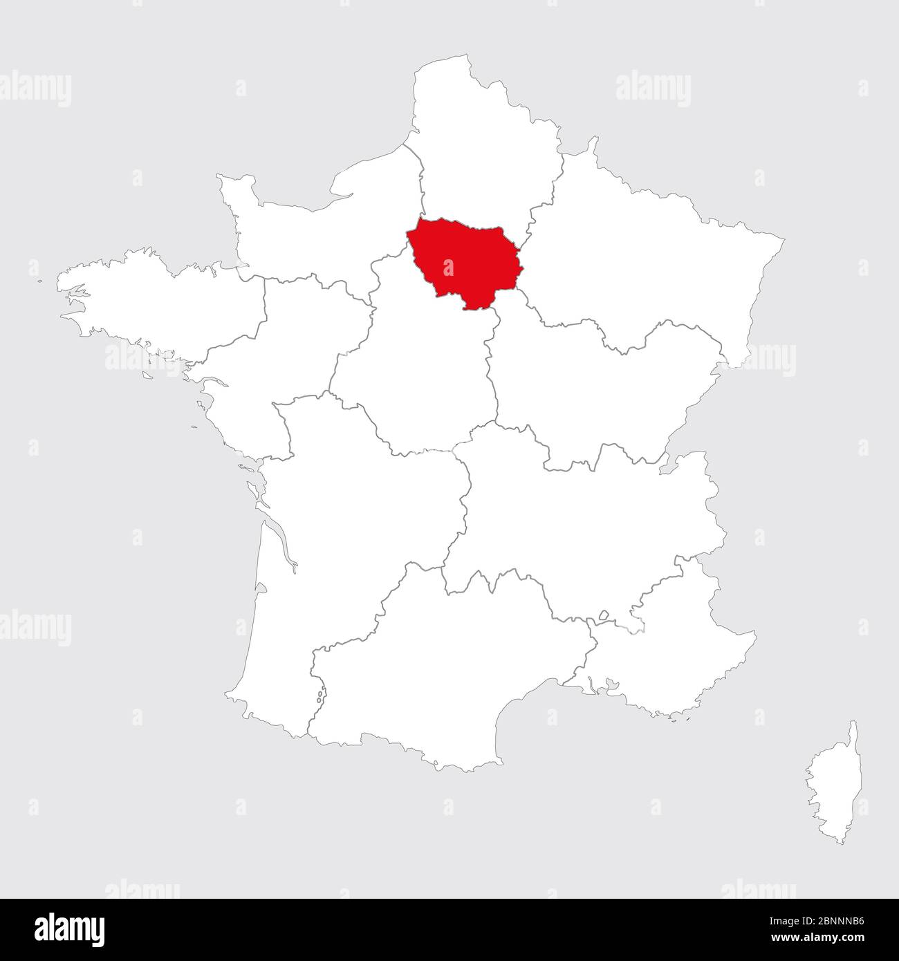 Regione di Parigi contrassegnata in rosso sul vettore cartografico della francia. Sfondo grigio. Illustrazione Vettoriale