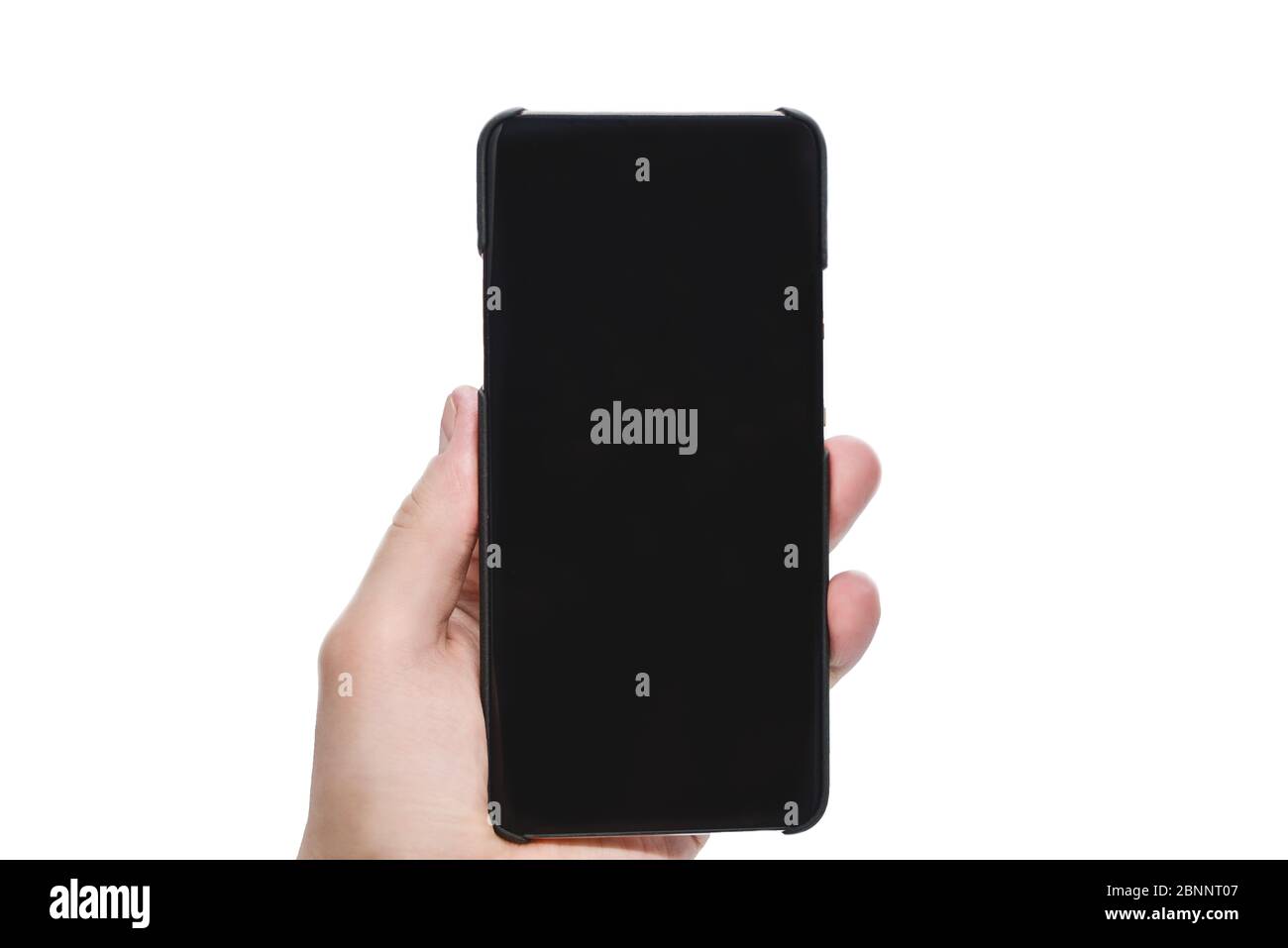 Smartphone portatile con schermo vuoto, isolato su sfondo bianco. Spazio di copia per la pubblicità dell'app mobile Foto Stock