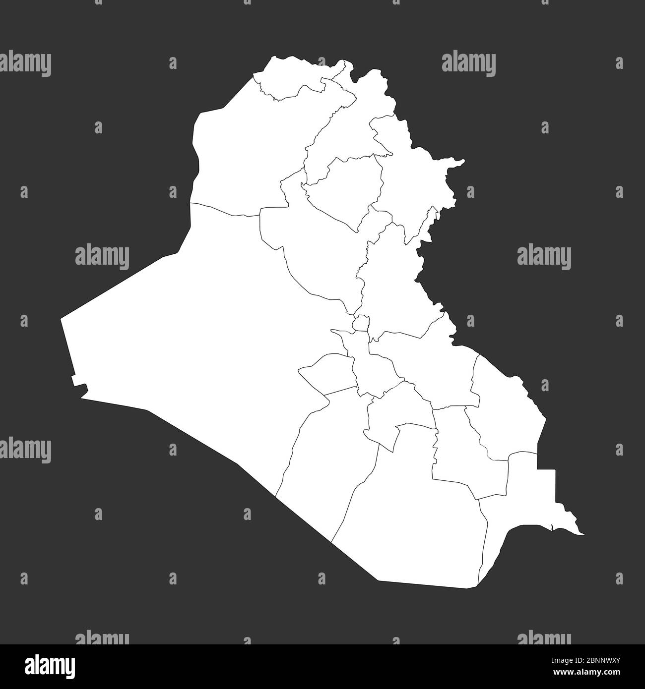 Mappa politica dell'Iraq con contorni vettoriali. Grigio, bianco. Illustrazione Vettoriale