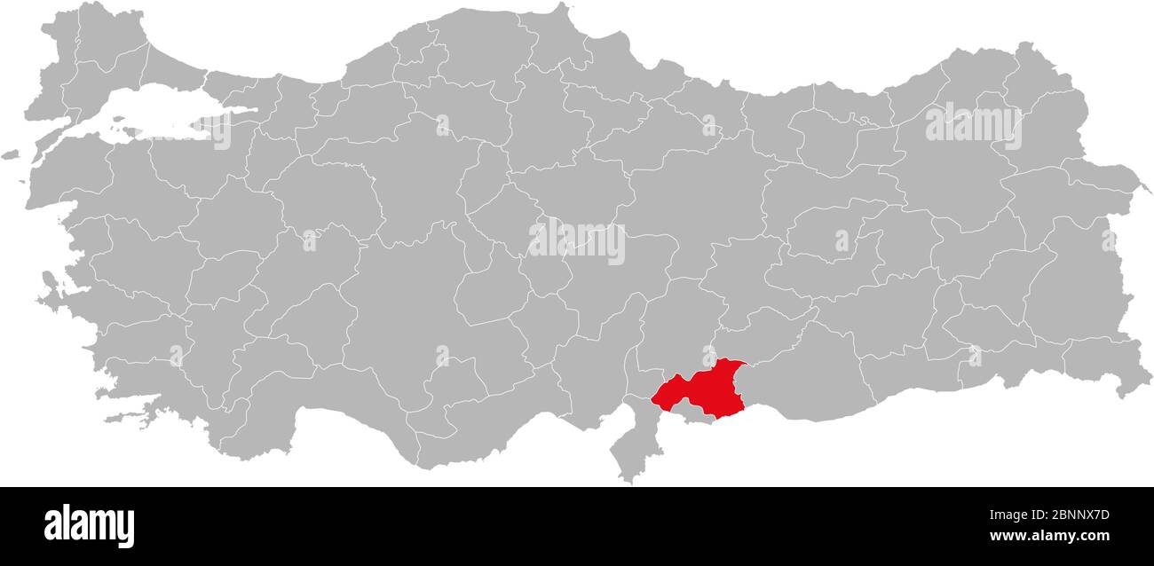 Provincia di Gaziantep segnata di colore rosso sul vettore politico della turchia. Sfondo grigio. Illustrazione Vettoriale