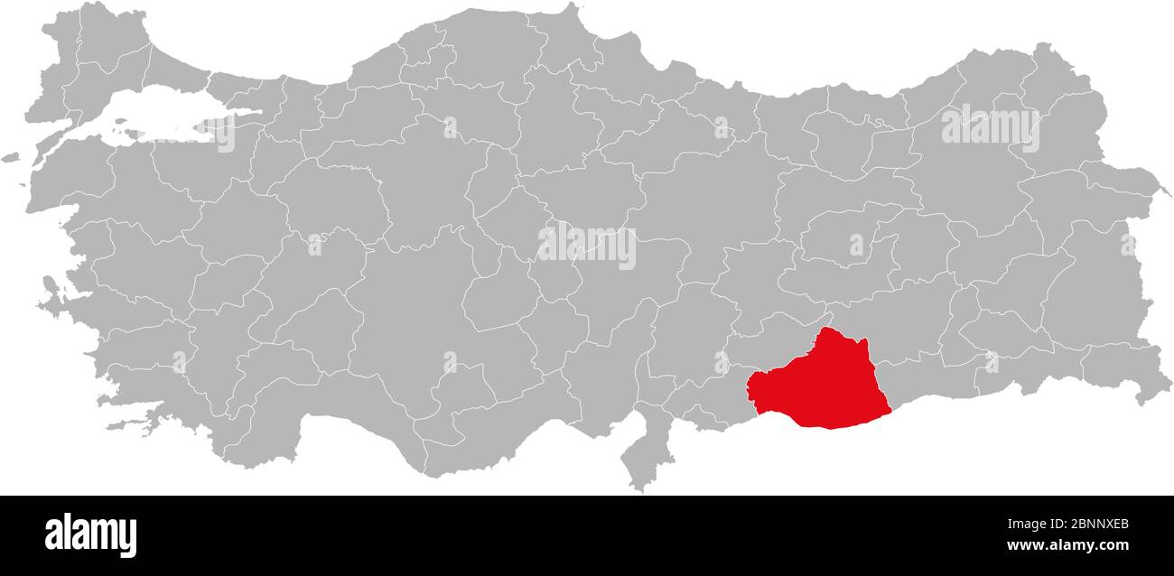 Provincia di Sanliurfa segnata di colore rosso sulla mappa politica della turchia vettore. Sfondo grigio. Illustrazione Vettoriale