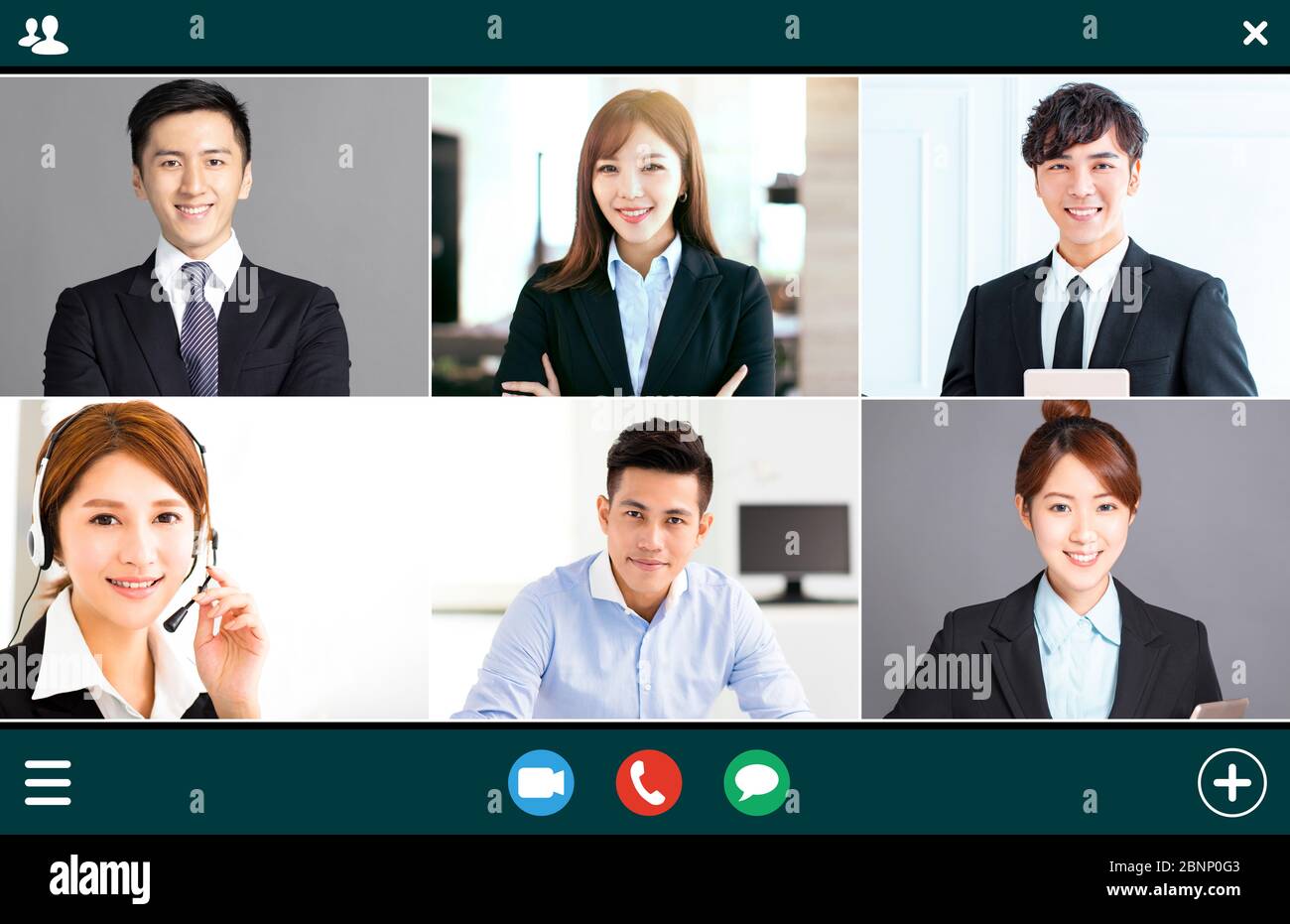 screenshot di un brainstorming online di gruppo aziendale sorridente in videoconferenza Foto Stock