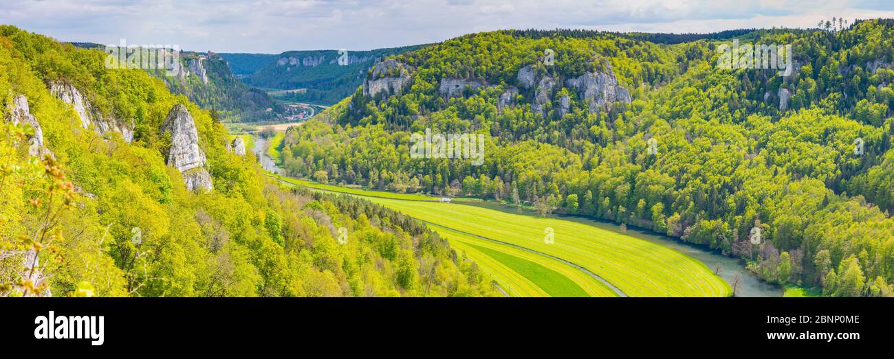 Panorama da Eichfelsen, Parco Naturale dell'Alto Danubio, Giura Svevo, Baden-Wuerttemberg, Germania, Europa Foto Stock