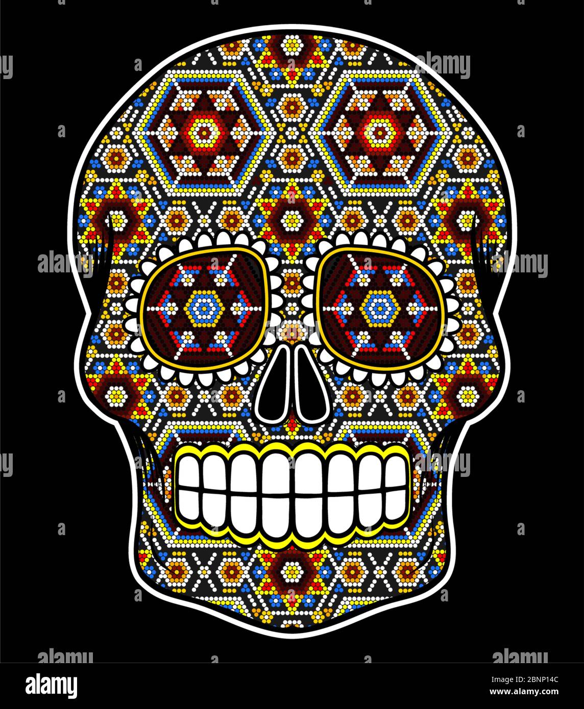 Illustrazione vettoriale del cranio colorato con perline ispirato all'arte messicana huichol e al tradizionale teschio da zucchero del Messico. Simbolo popolare di 'dia de muerto Illustrazione Vettoriale