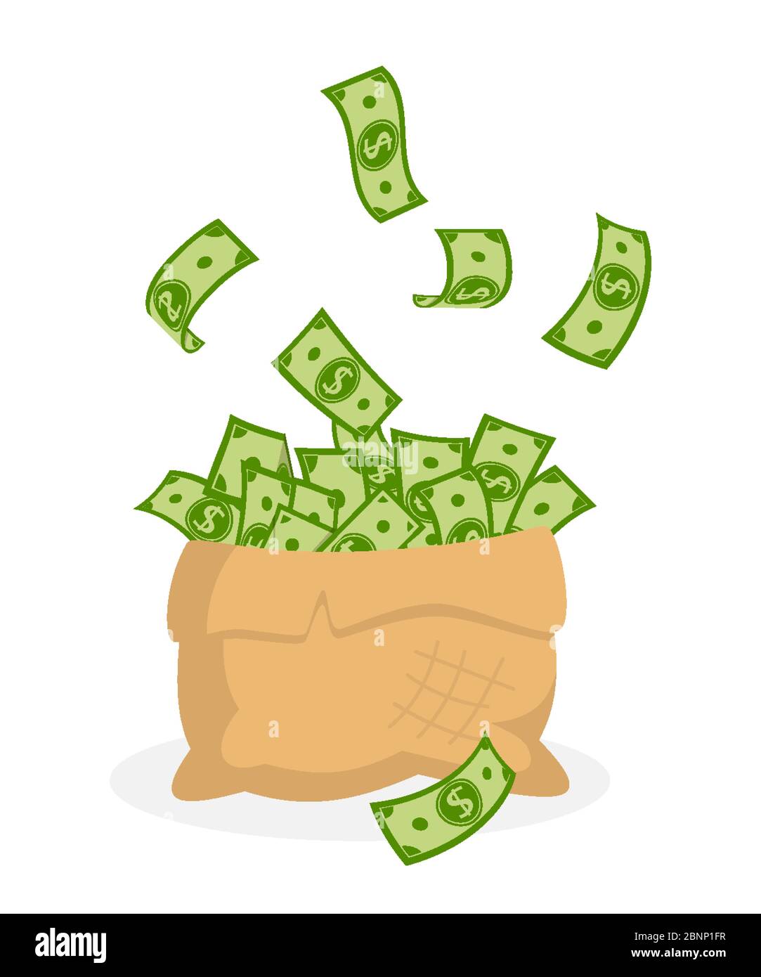 Borsa di denaro. Cartoni piatti per banconote da imballaggio, dollaro verde. Concept finance e banche, risparmi, investimenti. Centinaia di dollari, fatture di carta. Isolato su sfondo bianco. Illustrazione Vettoriale