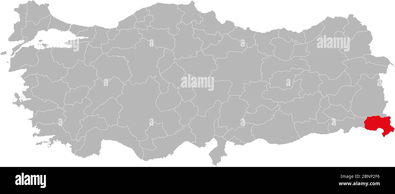 Provincia di Hakkari evidenziata in rosso sul vettore politico della turchia. Sfondo grigio. Illustrazione Vettoriale