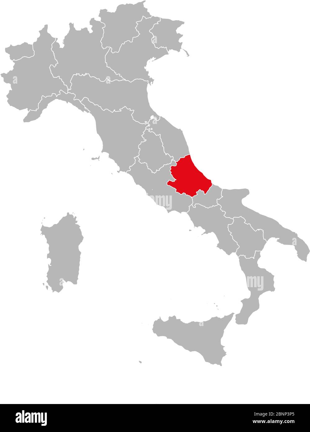 Provincia abruzzese segnata in rosso sulla mappa dell'italia. Sfondo grigio. Mappa politica italiana. Illustrazione Vettoriale