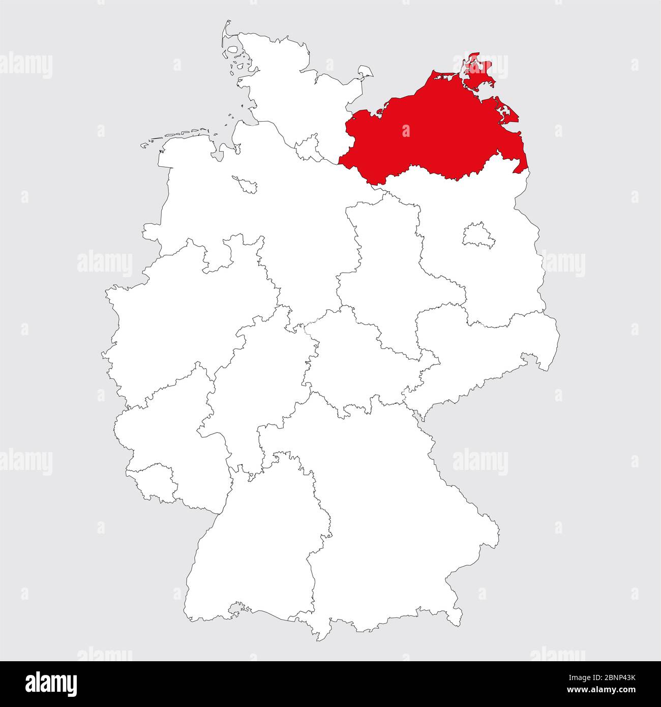 Provincia di Meclemburgo-pomerania anteriore evidenziata in rosso sulla mappa della germania. Sfondo grigio. Mappa politica tedesca. Illustrazione Vettoriale