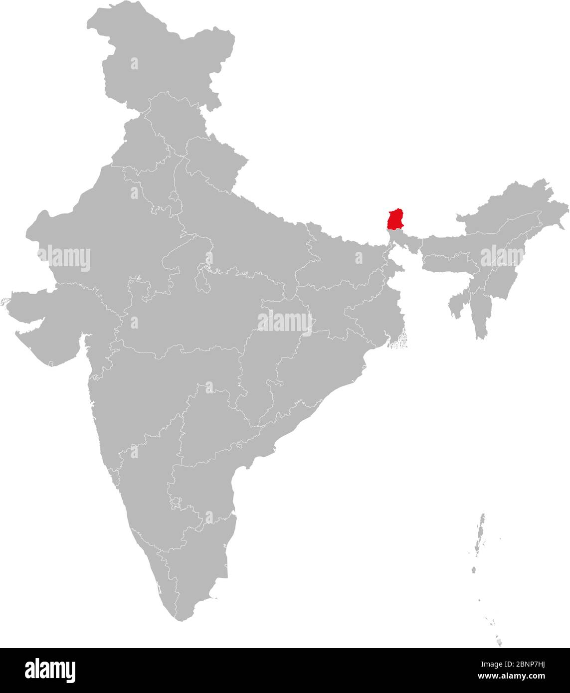 Stato del Nord Est sikkim evidenziato sulla mappa dell'india. Sfondo grigio chiaro. Illustrazione Vettoriale