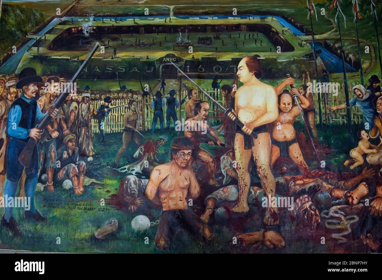 Macabro dipinto del massacro di banda dove i primi coloni olandesi hanno massacrato la gente del posto nel 1621, Museo, banda Neira, Mare di banda, Molucche, Indonesia Foto Stock