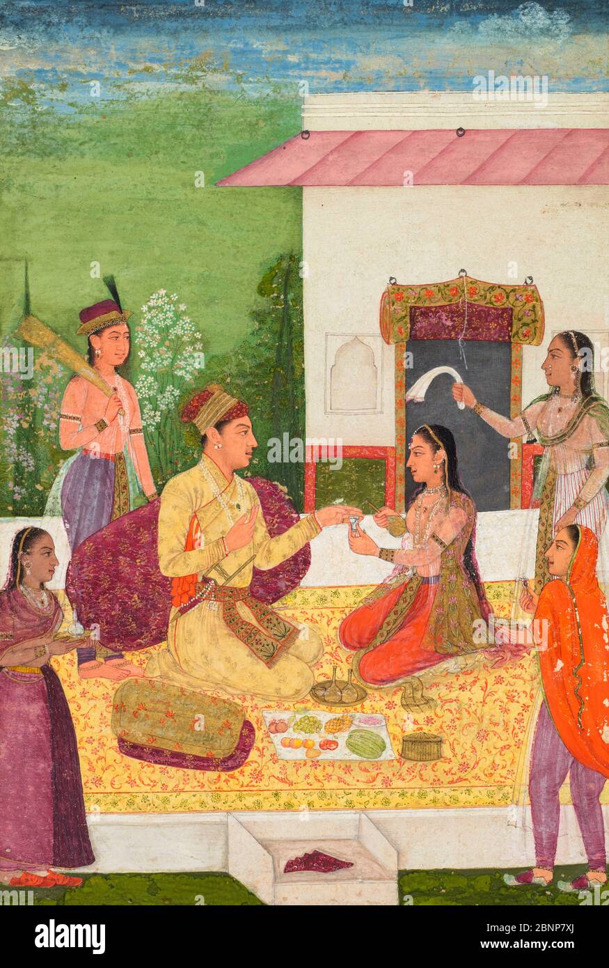 Un principe che conversava con una donna mentre prenava rinfreschi su una terrazza, circa 1710-1720, Arte Indiana e del Sudest Asiatico Foto Stock