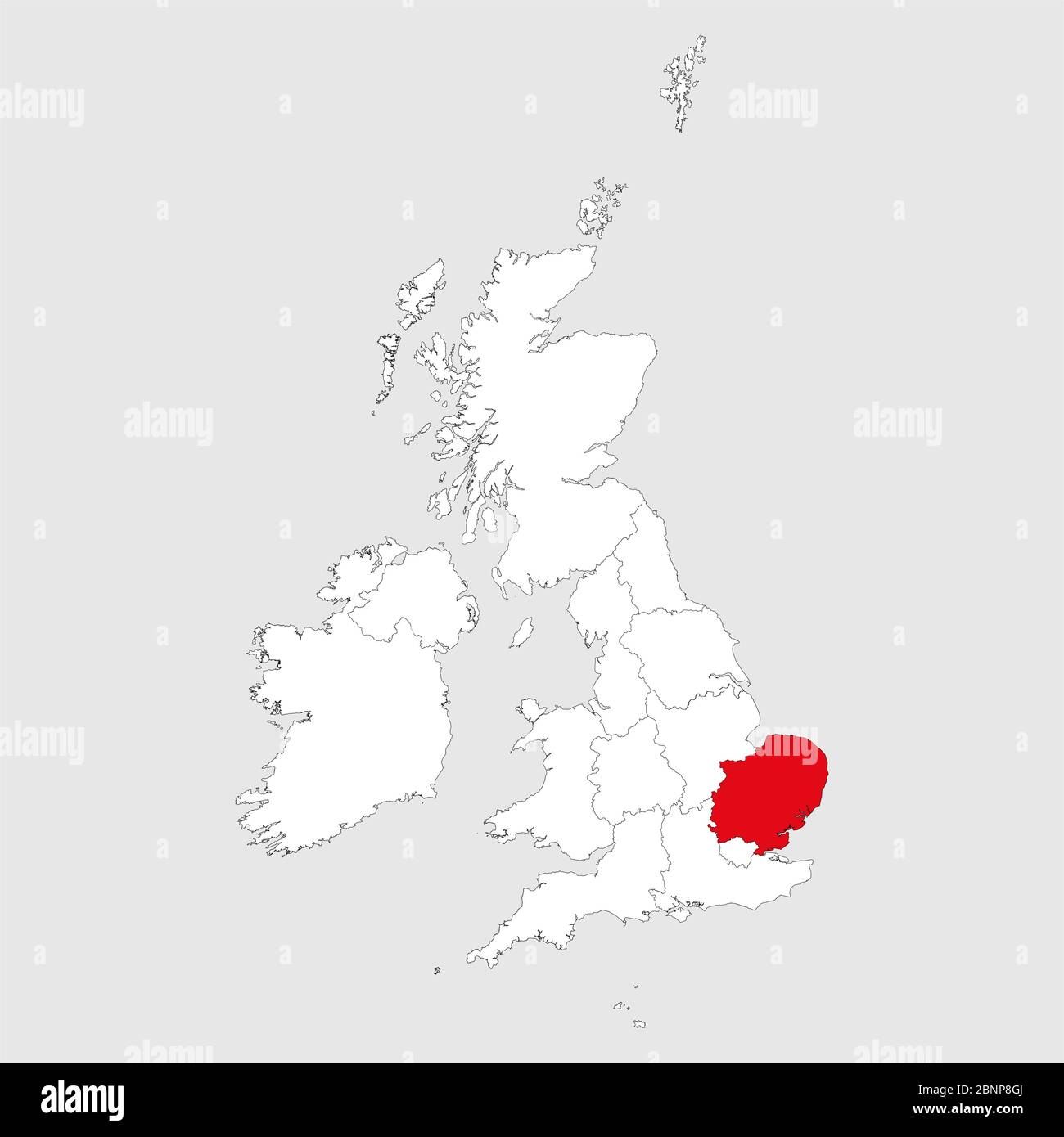L'Inghilterra orientale è contrassegnata in rosso sul vettore cartografico del regno unito. Sfondo grigio chiaro. Illustrazione Vettoriale