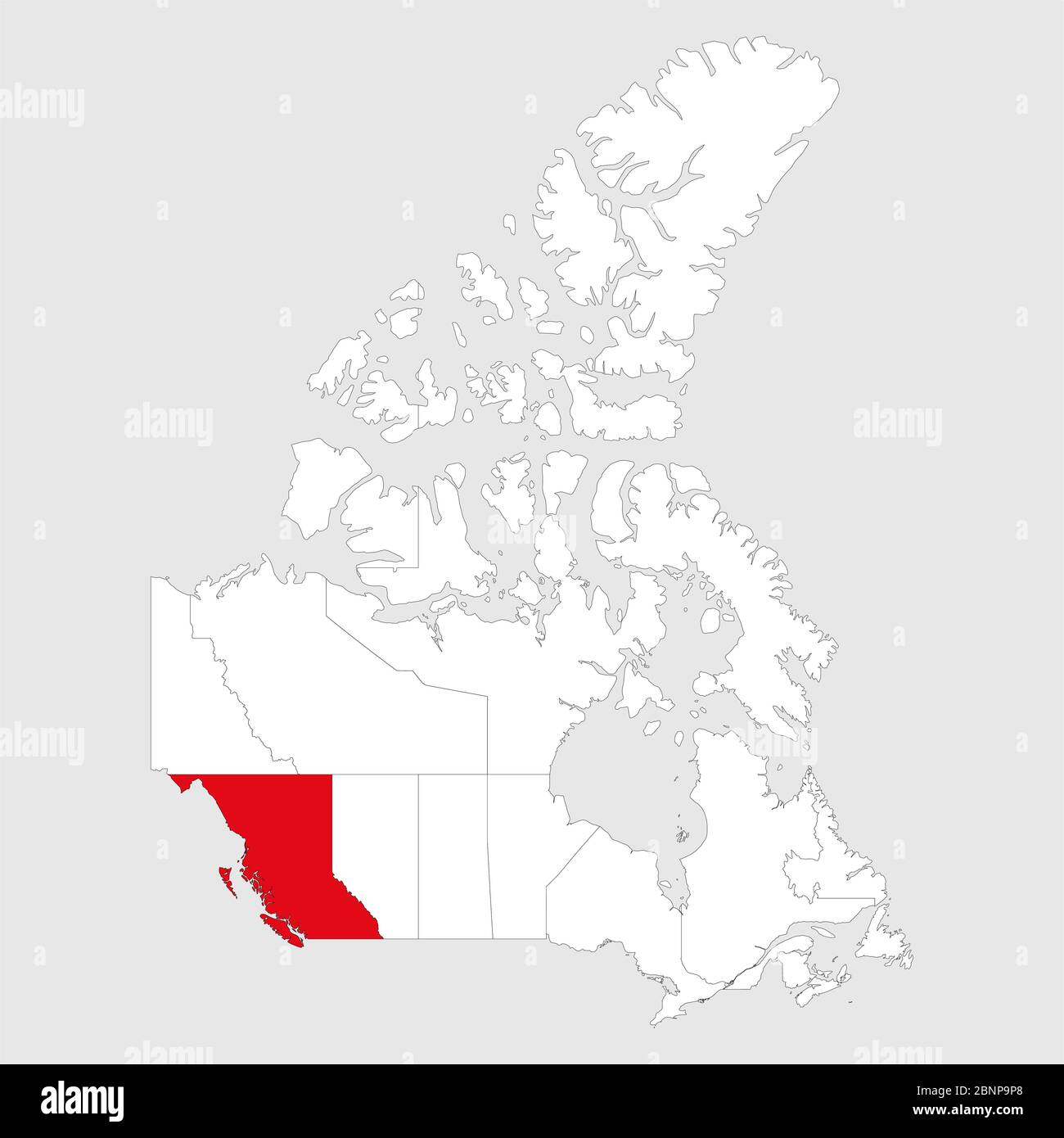 British columbia evidenziato sulla mappa del canada. Sfondo grigio. Mappa politica canadese. Illustrazione Vettoriale
