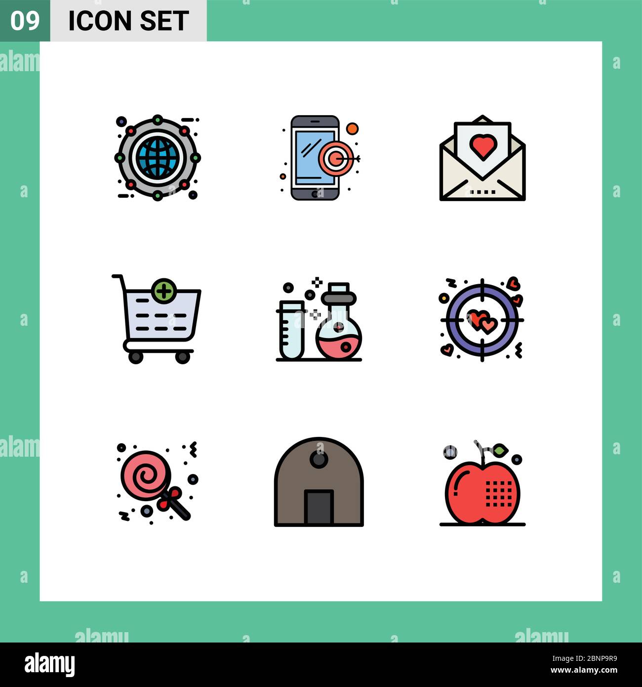 Set di 9 icone moderne dell'interfaccia utente simboli per matracci, carrello, cuore, aggiungere, ringraziare elementi di disegno vettoriale editabili Illustrazione Vettoriale