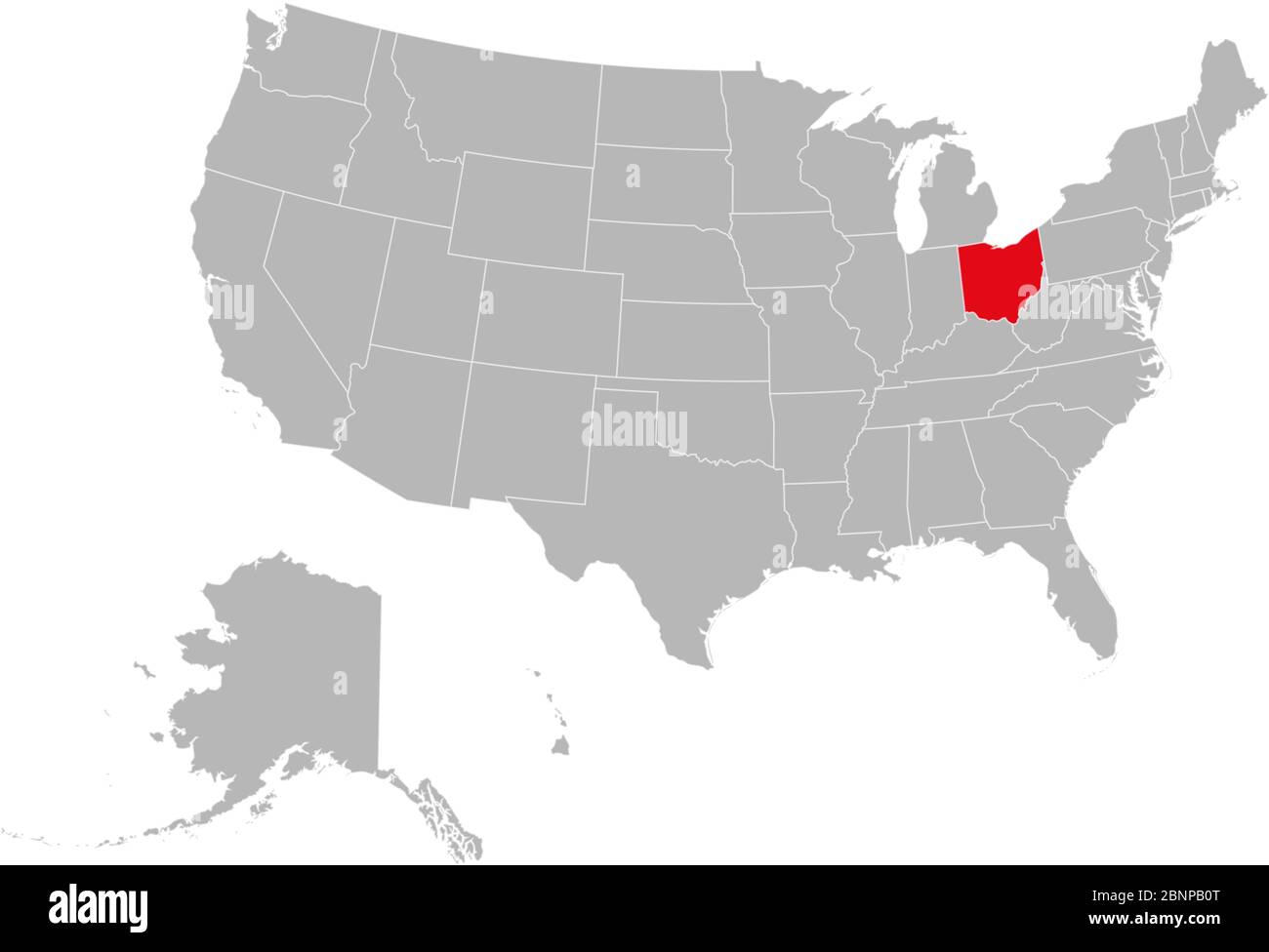 Stato dell'Ohio evidenziato sulla mappa politica degli Stati Uniti vettore illustrazione. Sfondo grigio. Illustrazione Vettoriale