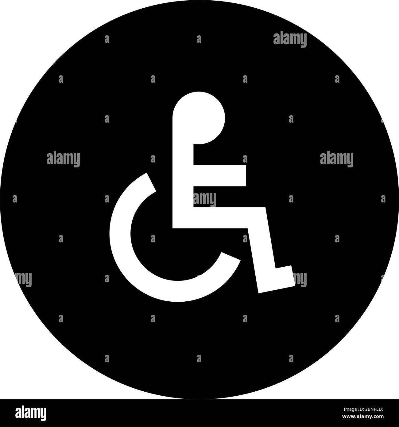 Handicap su sedia rotonda icona grafica vettoriale. Nero, bianco. Ideale per icone, segni, simboli, adesivi, pulsanti, etichette, ecc. Illustrazione Vettoriale