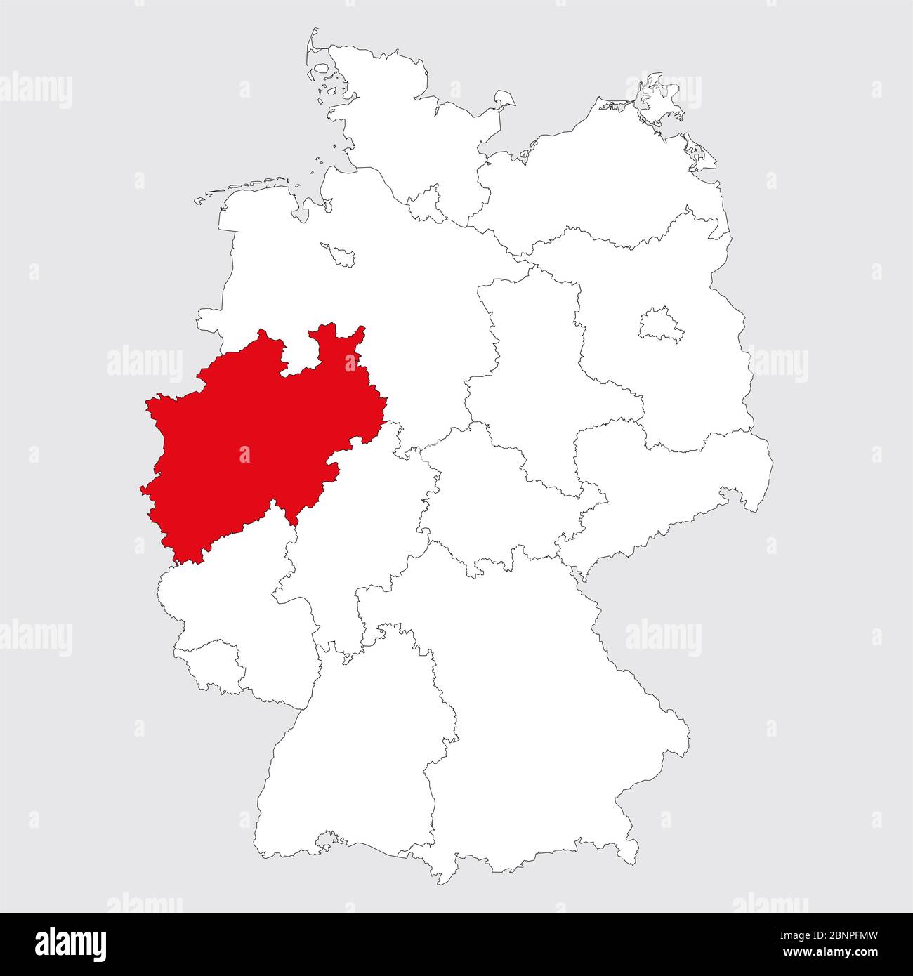 Provincia Nord reno-westfalia evidenziata mappa della germania. Sfondo grigio. Mappa politica tedesca. Illustrazione Vettoriale