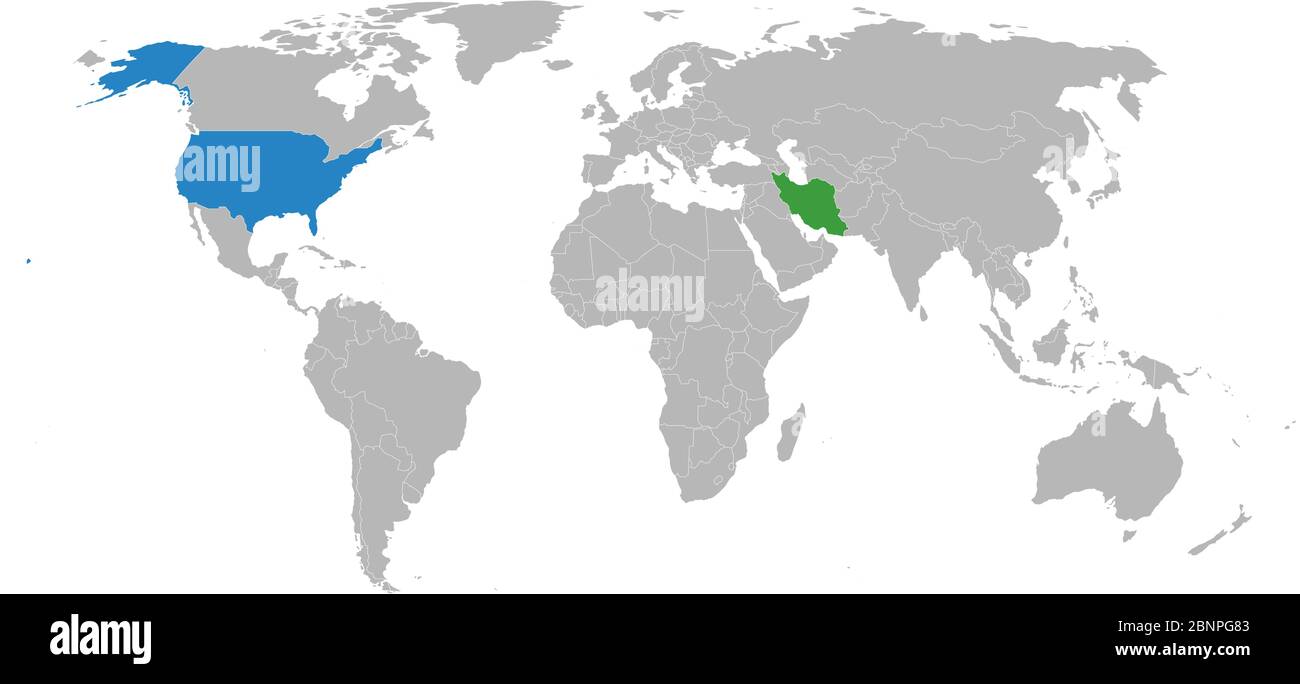 Iran, USA mappa politica evidenziata sulla mappa mondiale. Relazioni commerciali diplomatiche. Perfetto per concetti aziendali, sfondi, sfondo, poster, etichetta, Illustrazione Vettoriale