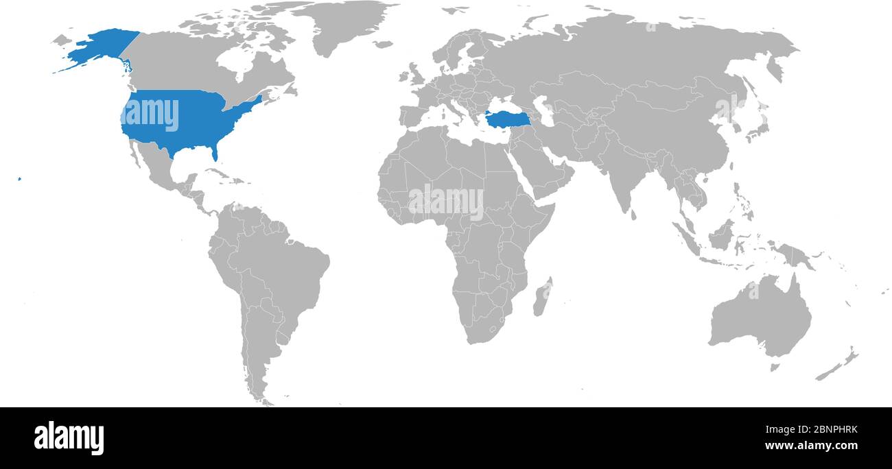 Turchia, mappa degli Stati Uniti evidenziata sulla mappa mondiale. Sfondo grigio. Concetti di business commercio, relazioni economiche estere. Illustrazione Vettoriale