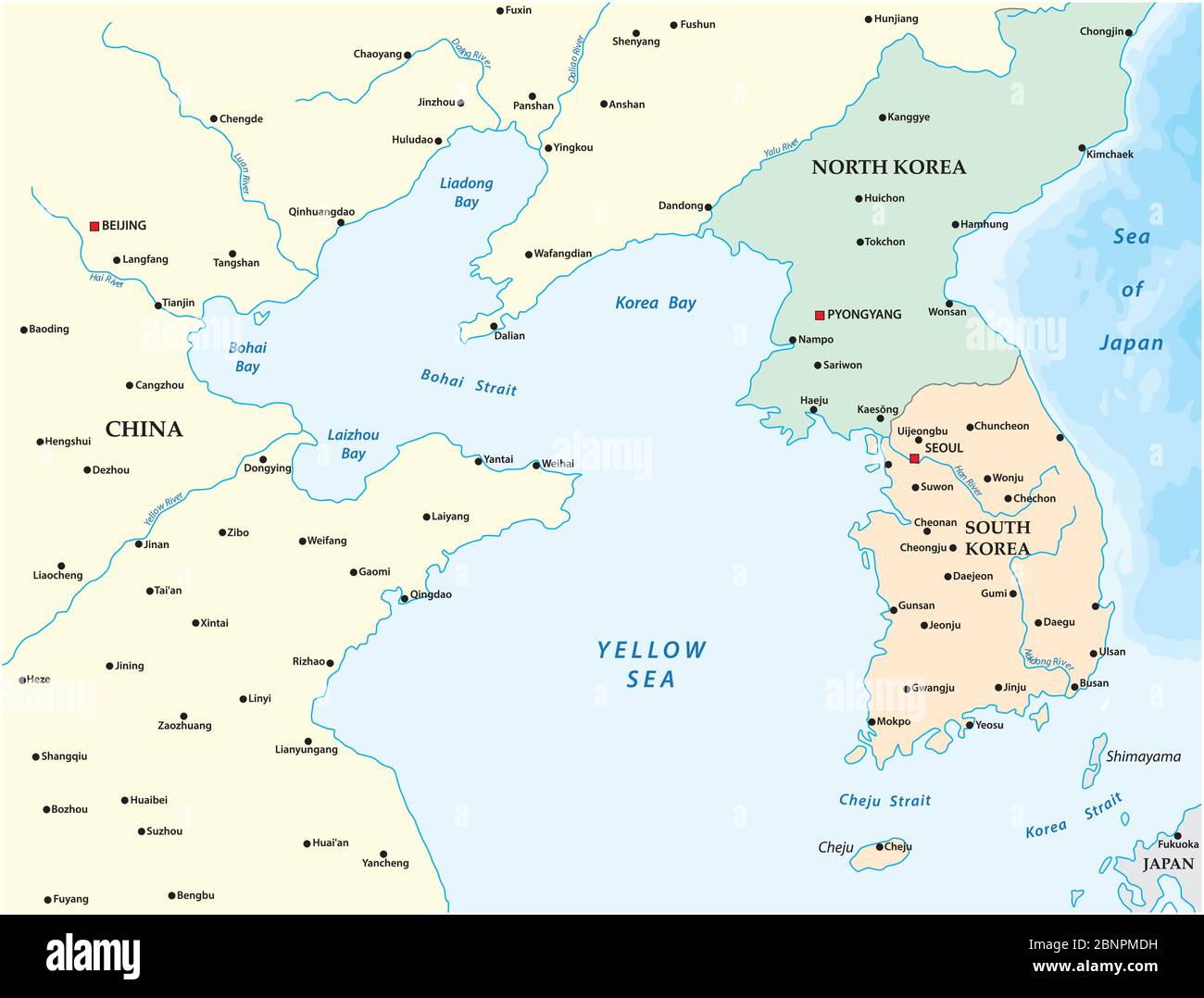 Mappa vettoriale del mare giallo tra Cina, Corea del Nord e Corea del Sud Illustrazione Vettoriale