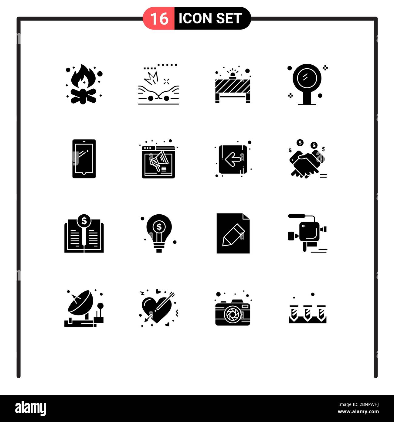 Gruppo di 16 cartelli e simboli solidi glifi per telefono, specchio, asse, interni, bagno elementi editabili Vector Design Illustrazione Vettoriale