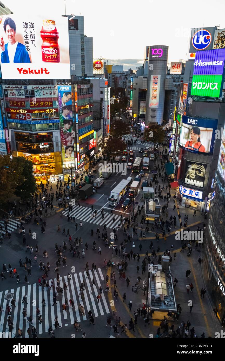 Giappone, Honshu, Tokyo, Shibuya, luci notturne e sullo skyline Foto Stock