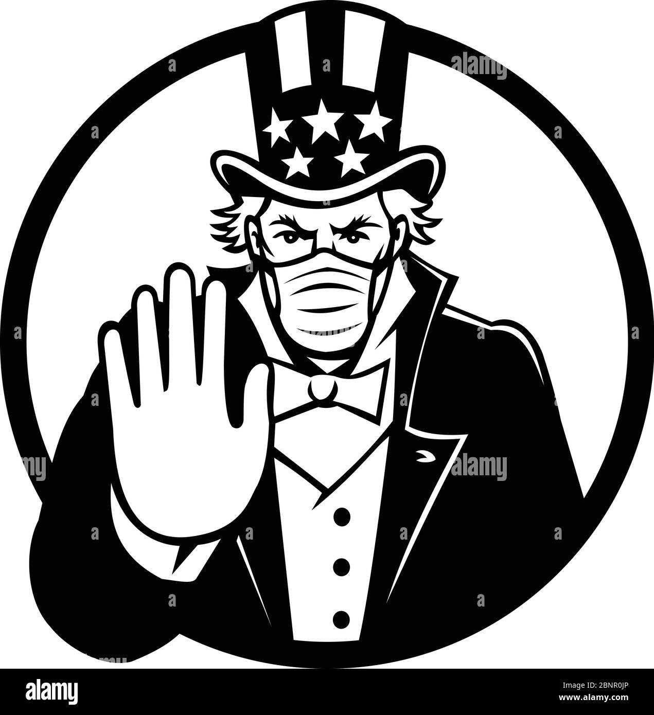 Illustrazione in bianco e nero dello zio americano Sam, personificazione nazionale del governo degli Stati Uniti, indossando una maschera chirurgica, dicendo stop spread del virus Illustrazione Vettoriale