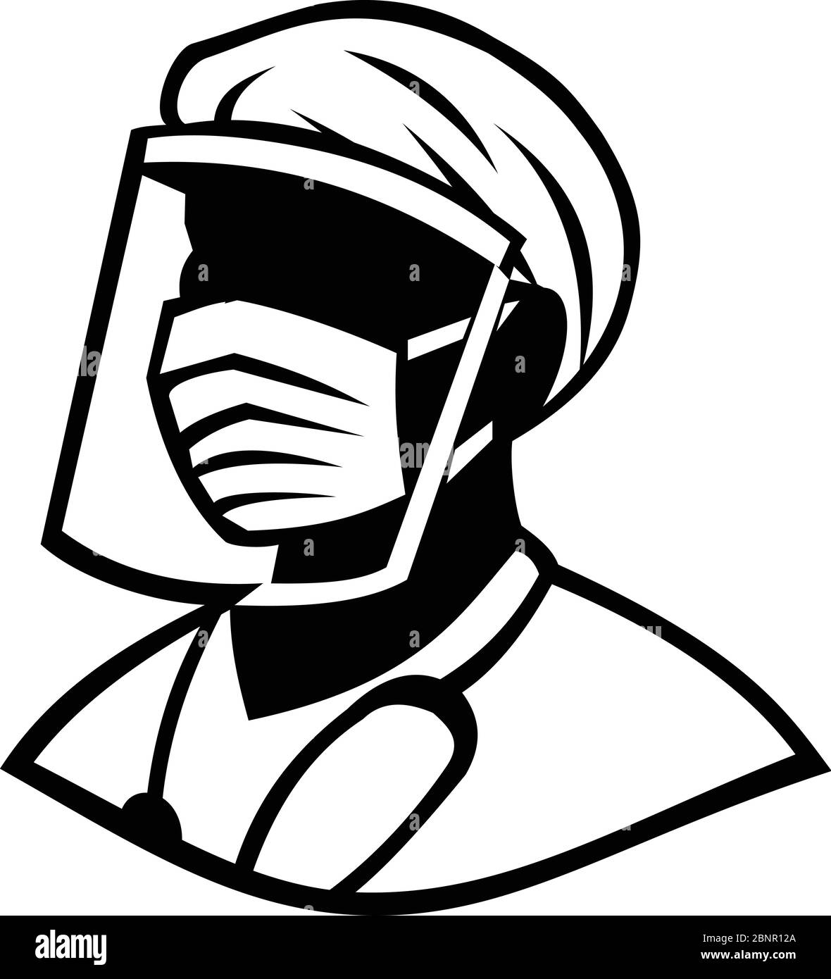 Bianco e nero illustrazione del busto di un medico, infermiere, medico, assistenza sanitaria o lavoratore essenziale che indossa un PPE, equipaggiamento personale protettivo Illustrazione Vettoriale