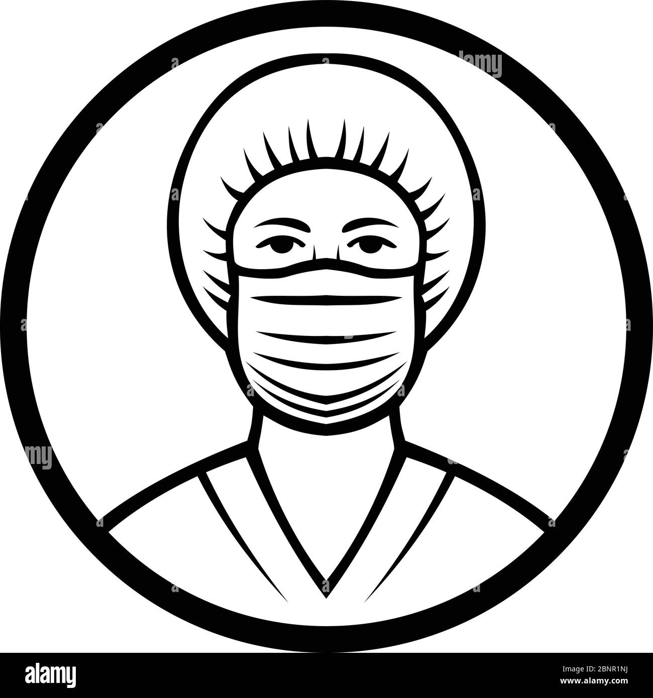 Immagine bianca e nera del busto di un medico, infermiere, medico, sanitario o lavoratore essenziale che indossa una maschera chirurgica e un bouffant Illustrazione Vettoriale