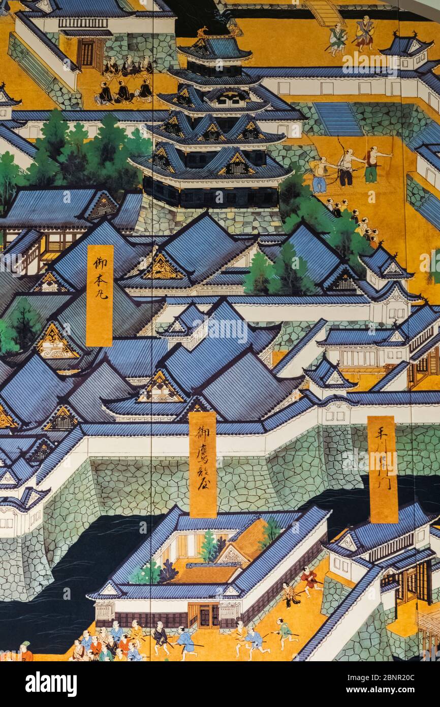 Giappone, Honshu, Tokyo Haneda, Terminal Internazionale, area partenze, Artwork Decorazione raffigurante la vita di Tokyo nel periodo Edo Foto Stock