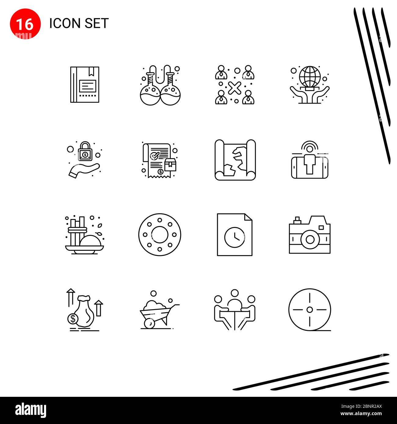 Confezione da 16 simboli e simboli moderni per supporti di stampa Web, quali elementi di progettazione vettoriale editabili in tutto il mondo, globo, laboratorio, cura e persone Illustrazione Vettoriale