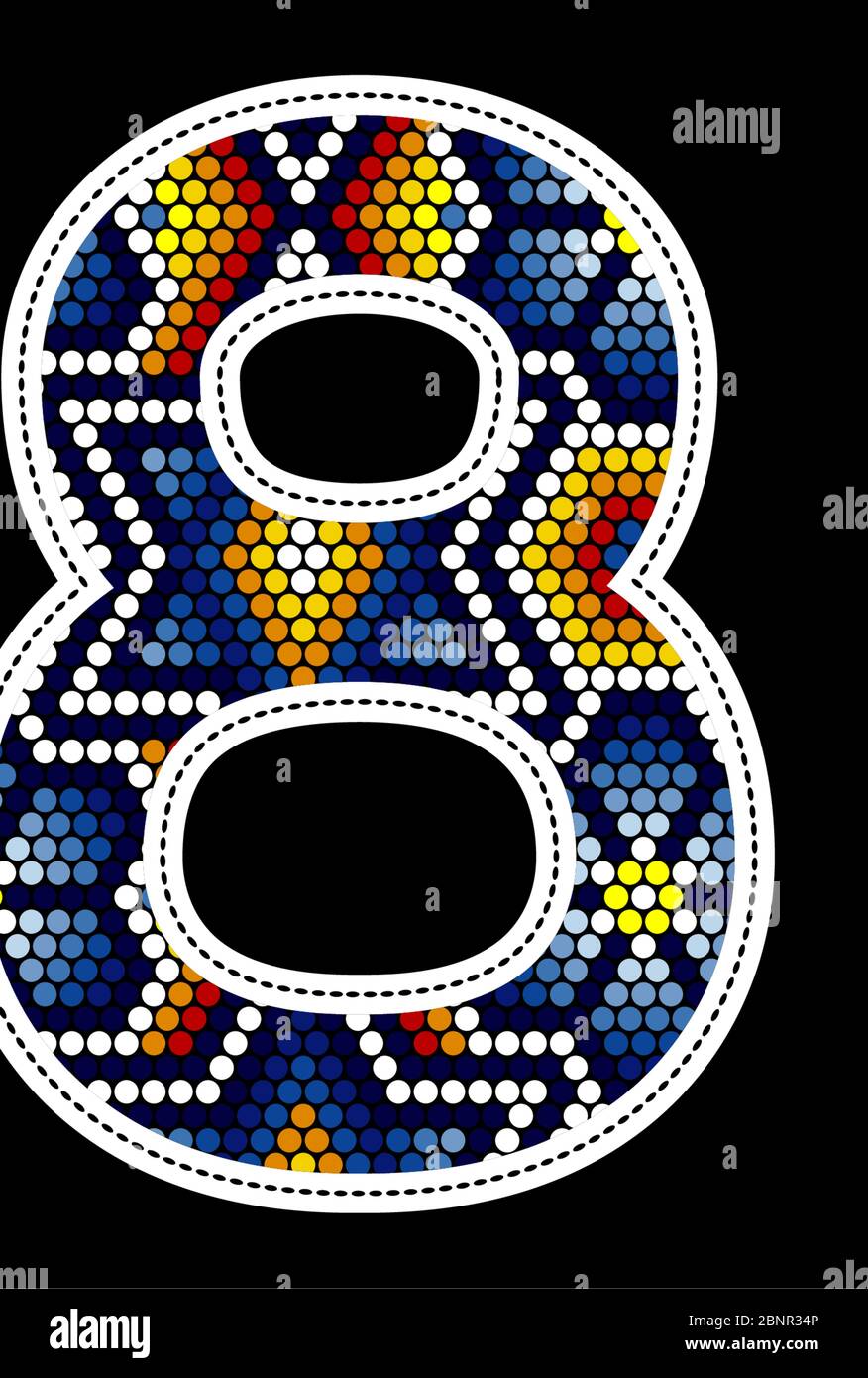 numero 8 con coloratissimi puntini astratti di design ispirato allo stile messicano huichol, isolato su sfondo nero Illustrazione Vettoriale