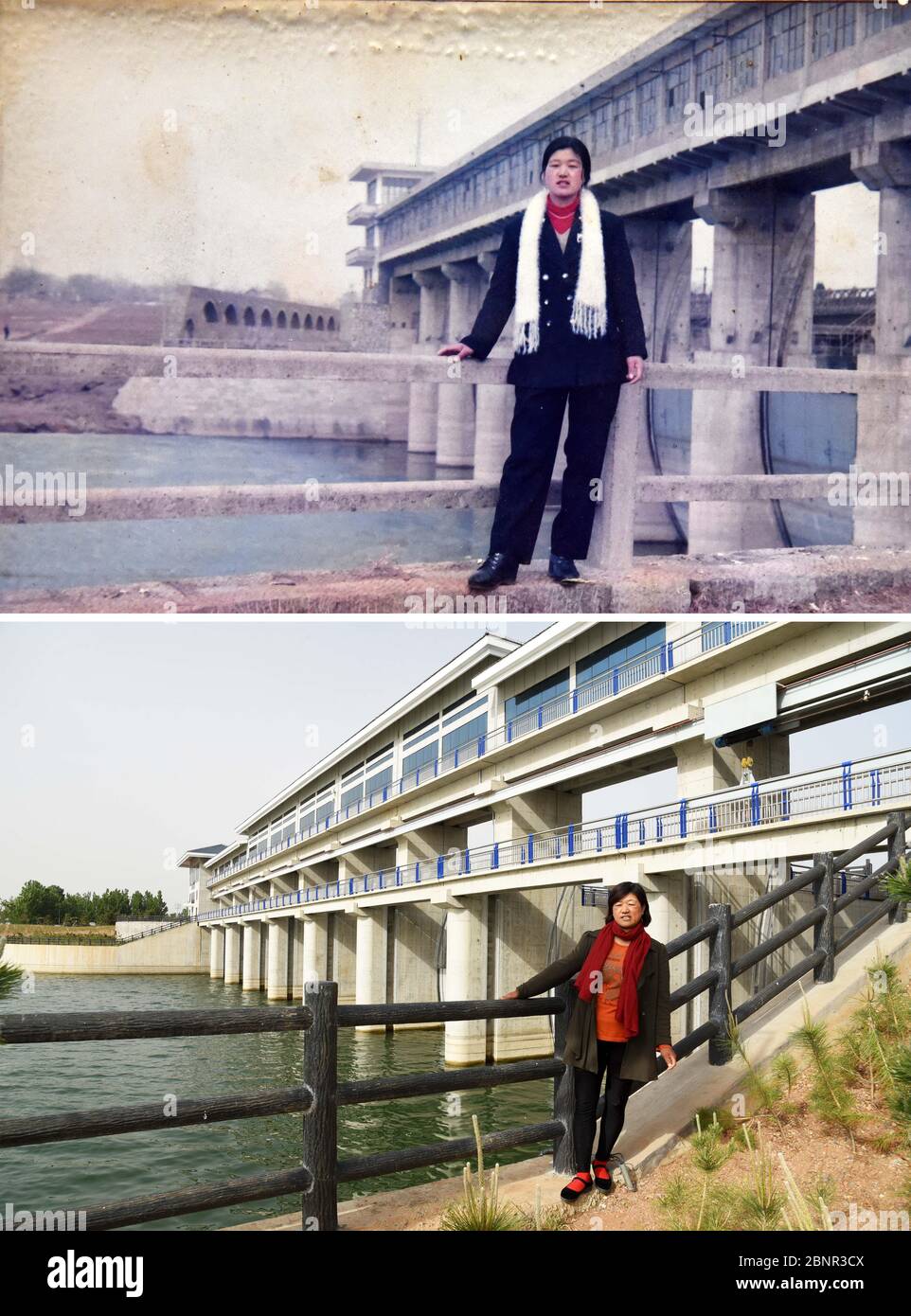(200516) -- CONTEA di JUXIAN, 16 maggio 2020 (Xinhua) -- la combinazione di foto mostra Yu Shu'ai che si pone vicino alla fuoriuscita del bacino idrico di Qingfengling nel 1998 (foto in alto fornita da Yu Shu'ai) e il 13 maggio 2020 (foto in basso scattata da Wang Kai), rispettivamente. Quando Yu Shu'ai ha perso il suo marito in 2012, la vita ha girato duro downright -- le fatture mediche avevano esaurito tutti i suoi risparmi di famiglia, lasciando Yu ed il suo figlio in sforzo finanziario. Nel 2014, quando il governo locale di Anzhuang invitò Yu a partecipare a uno dei progetti di riduzione della povertà della cittadina, le sue condizioni di vita iniziarono a migliorare. Per aiutare impov Foto Stock
