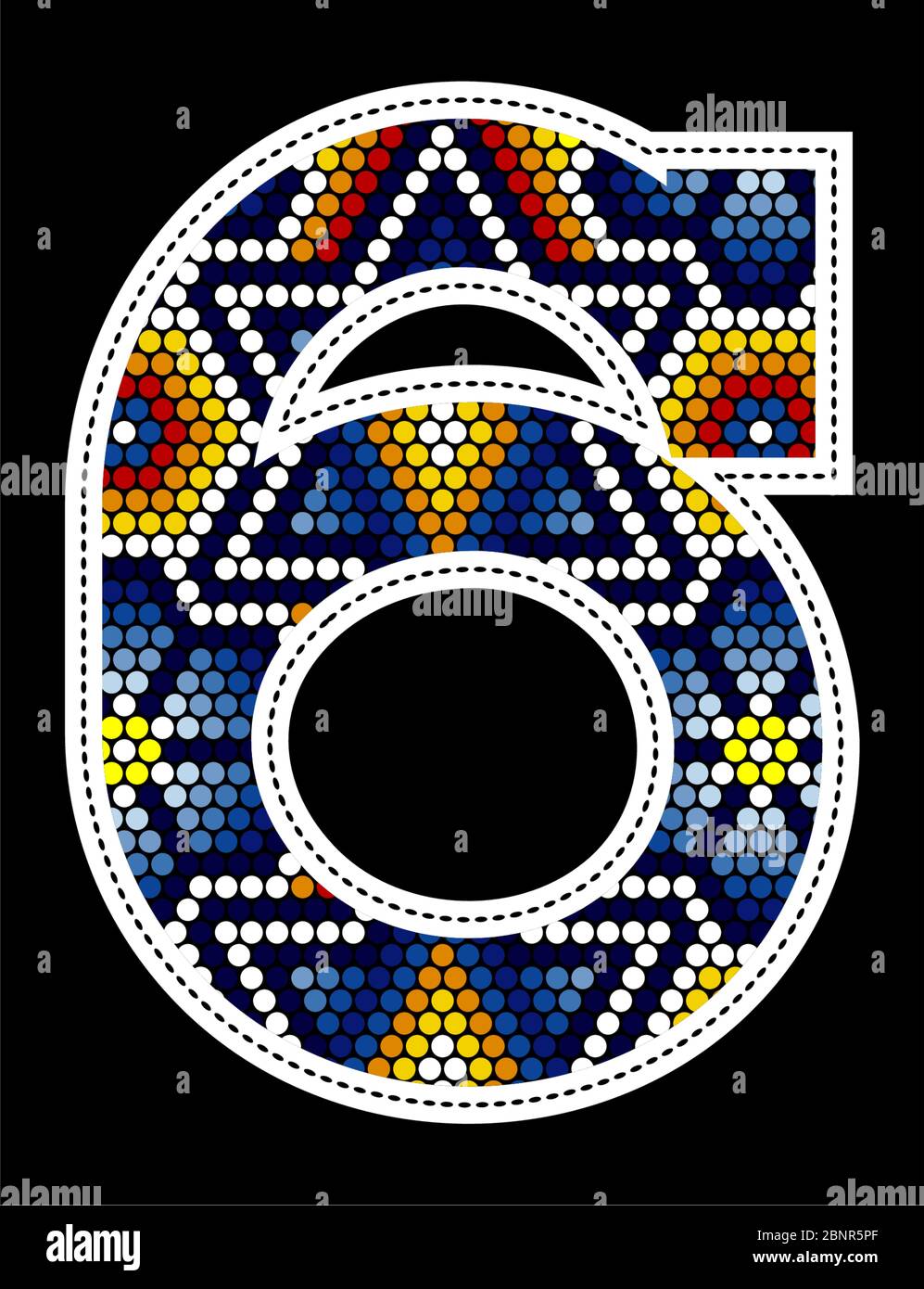 numero 6 con coloratissimi puntini astratti di design ispirato allo stile messicano huichol, isolato su sfondo nero Illustrazione Vettoriale