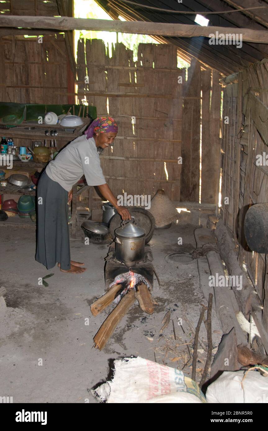 Donna che cucina su stufa a legna tradizionale in cucina rurale in casa di legno, Randu Blatung villaggio, vicino Cepu, Java, Indonesia Foto Stock