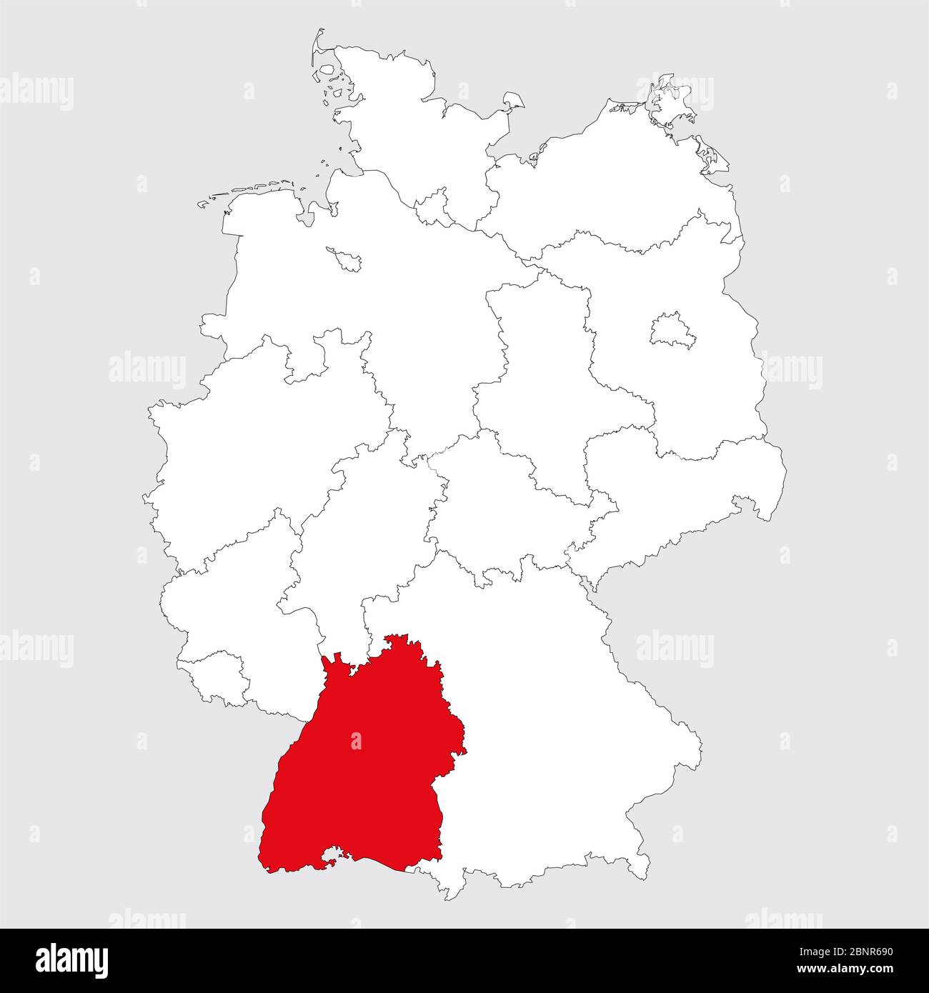 La provincia di Baden Wurttemberg ha evidenziato la mappa politica della germania. Sfondo grigio. Mappa tedesca. Concetti aziendali. Illustrazione Vettoriale